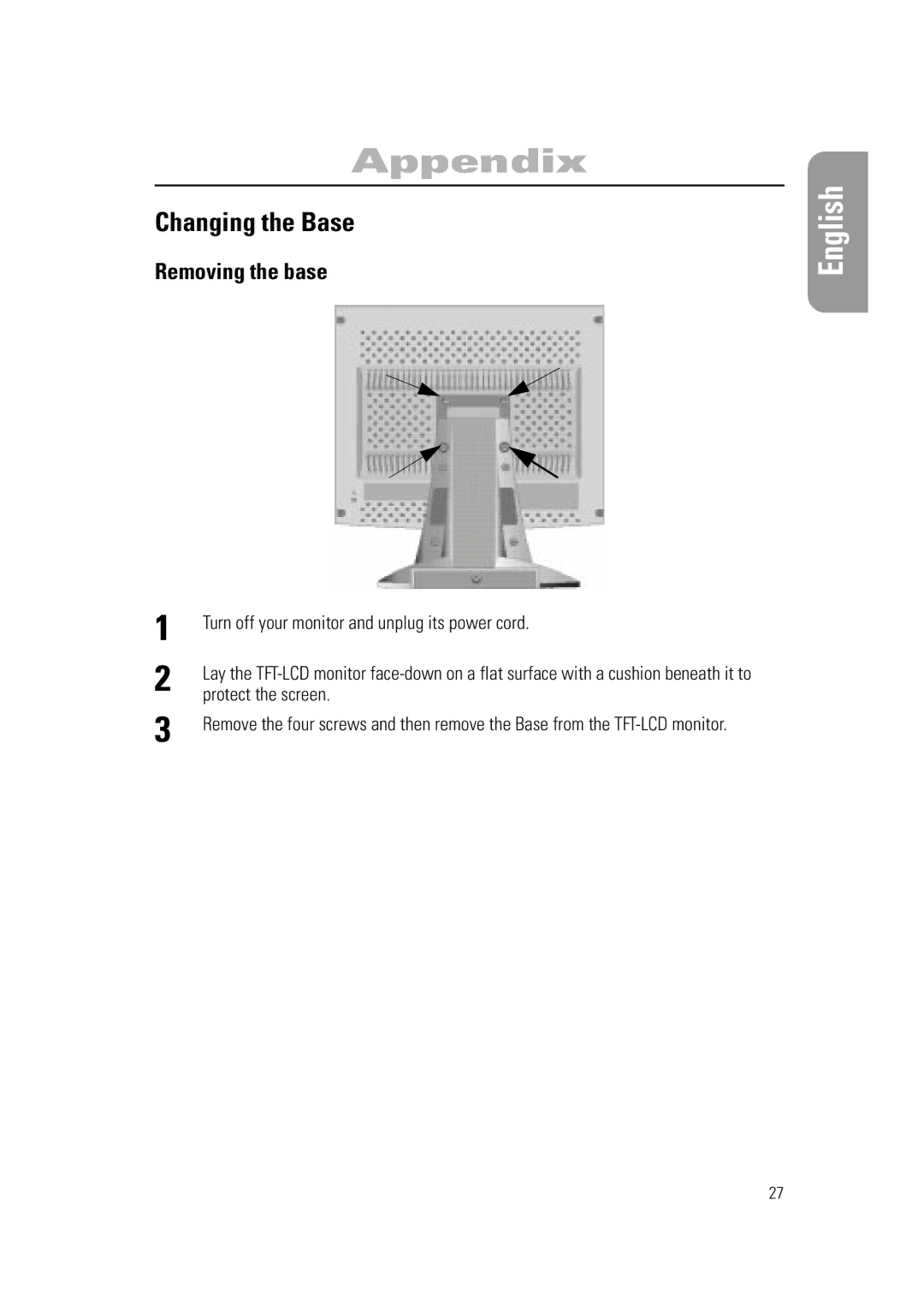 Samsung RN15PSSANC/EDC, 570PTFT manual Changing the Base, Removing the base, Turn off your monitor and unplug its power cord 