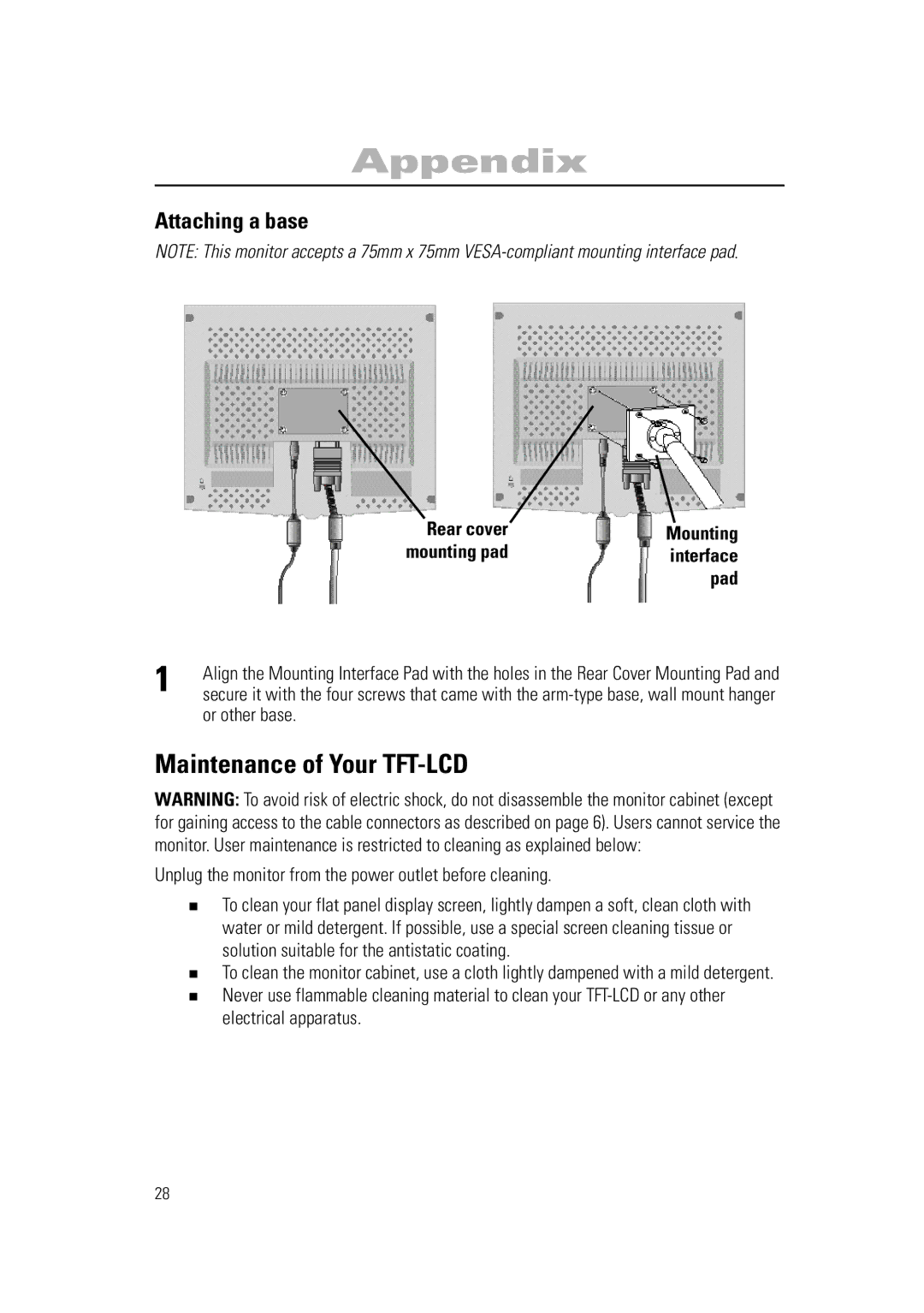 Samsung RN15PSSMN/XSJ, RN15PSSSNC/EDC, RN15PSSANC/EDC Maintenance of Your TFT-LCD, Attaching a base, Pad, Or other base 