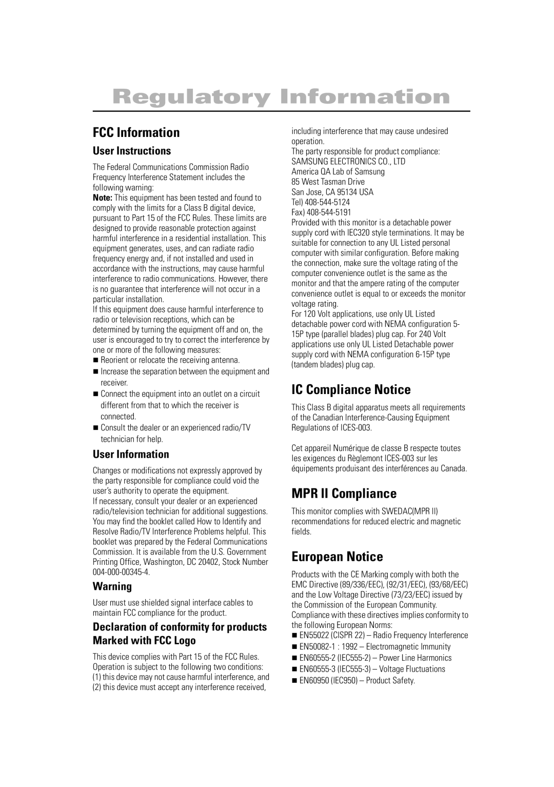 Samsung RN15PSSPS/EDC Regulatory Information, FCC Information, IC Compliance Notice, MPR II Compliance, European Notice 