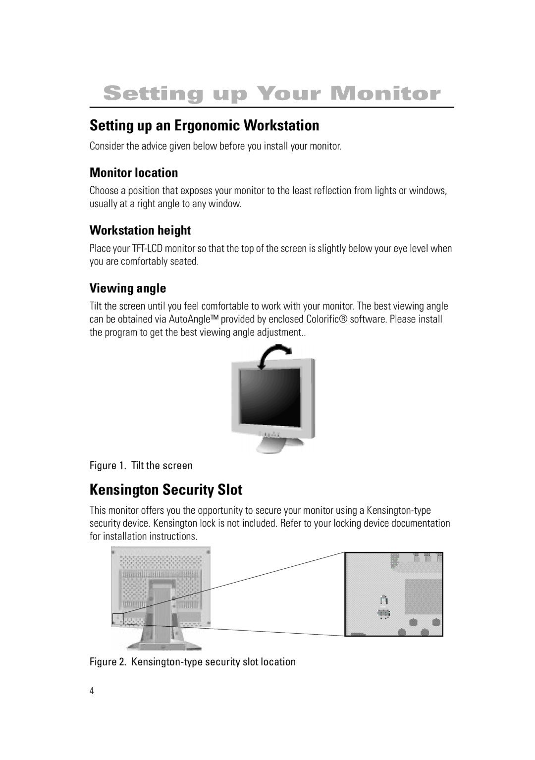 Samsung 570PTFT, RN15PSSSNC/EDC Setting up Your Monitor, Setting up an Ergonomic Workstation, Kensington Security Slot 