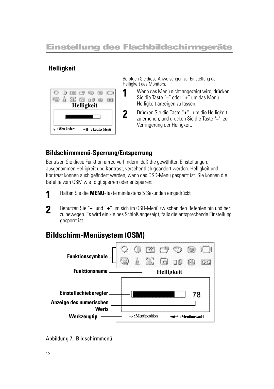 Samsung RN15PSSPN/EDC manual Bildschirm-Menüsystem OSM, Helligkeit, Bildschirmmenü-Sperrung/Entsperrung, Funktionsname 