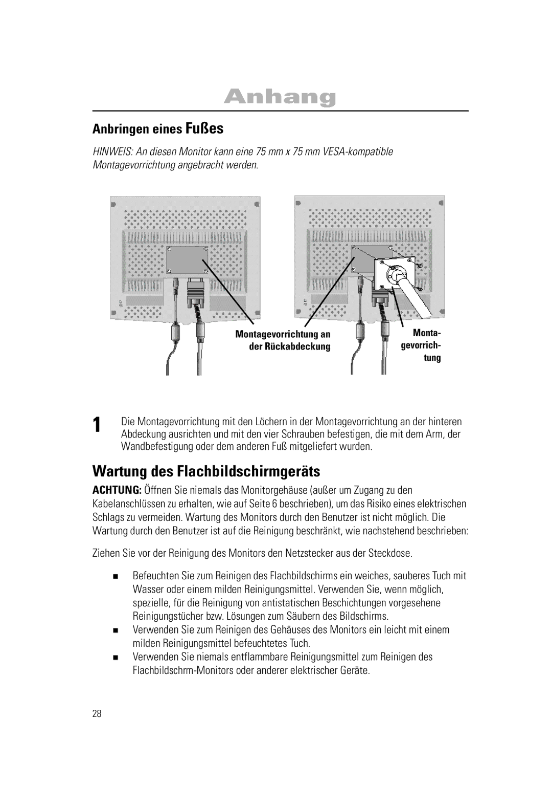 Samsung RN15PSSSNC/EDC, RN15PSSANC/EDC, RN15PSSPN/EDC manual Wartung des Flachbildschirmgeräts, Anbringen eines Fußes 