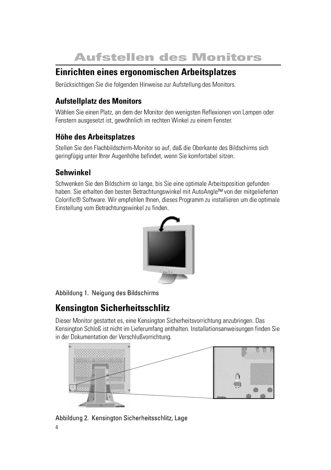 Samsung RN15PSSSNC/EDC manual Einrichten eines ergonomischen Arbeitsplatzes, Kensington Sicherheitsschlitz, Sehwinkel 