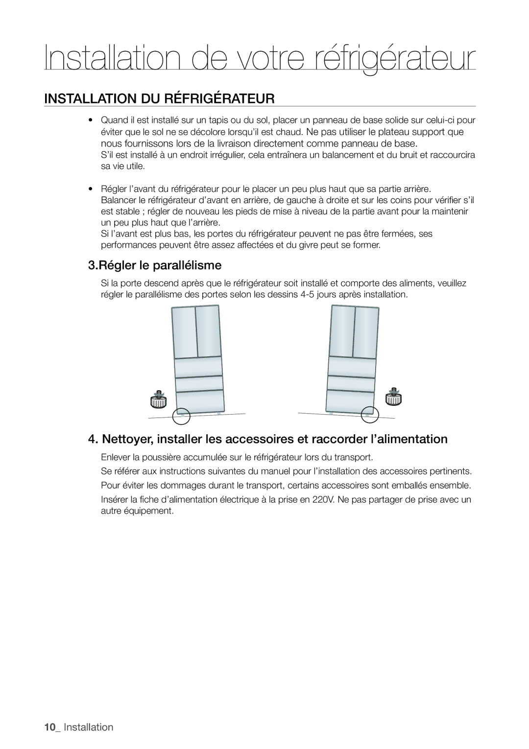 Samsung RN415BRKASL/EF manual Installation de votre réfrigérateur 