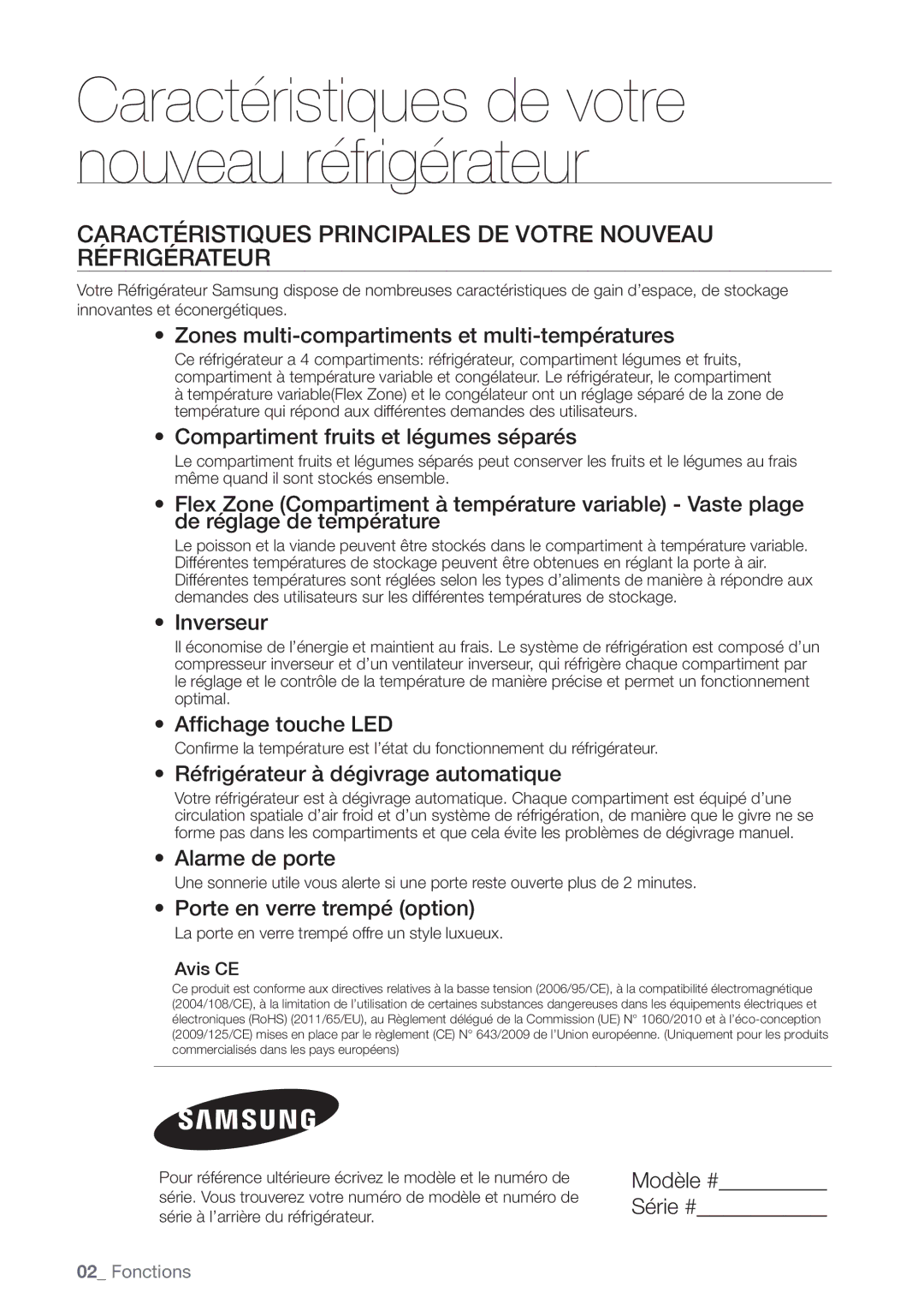 Samsung RN415BRKASL/EF manual Caractéristiques Principales DE Votre Nouveau Réfrigérateur, Avis CE 