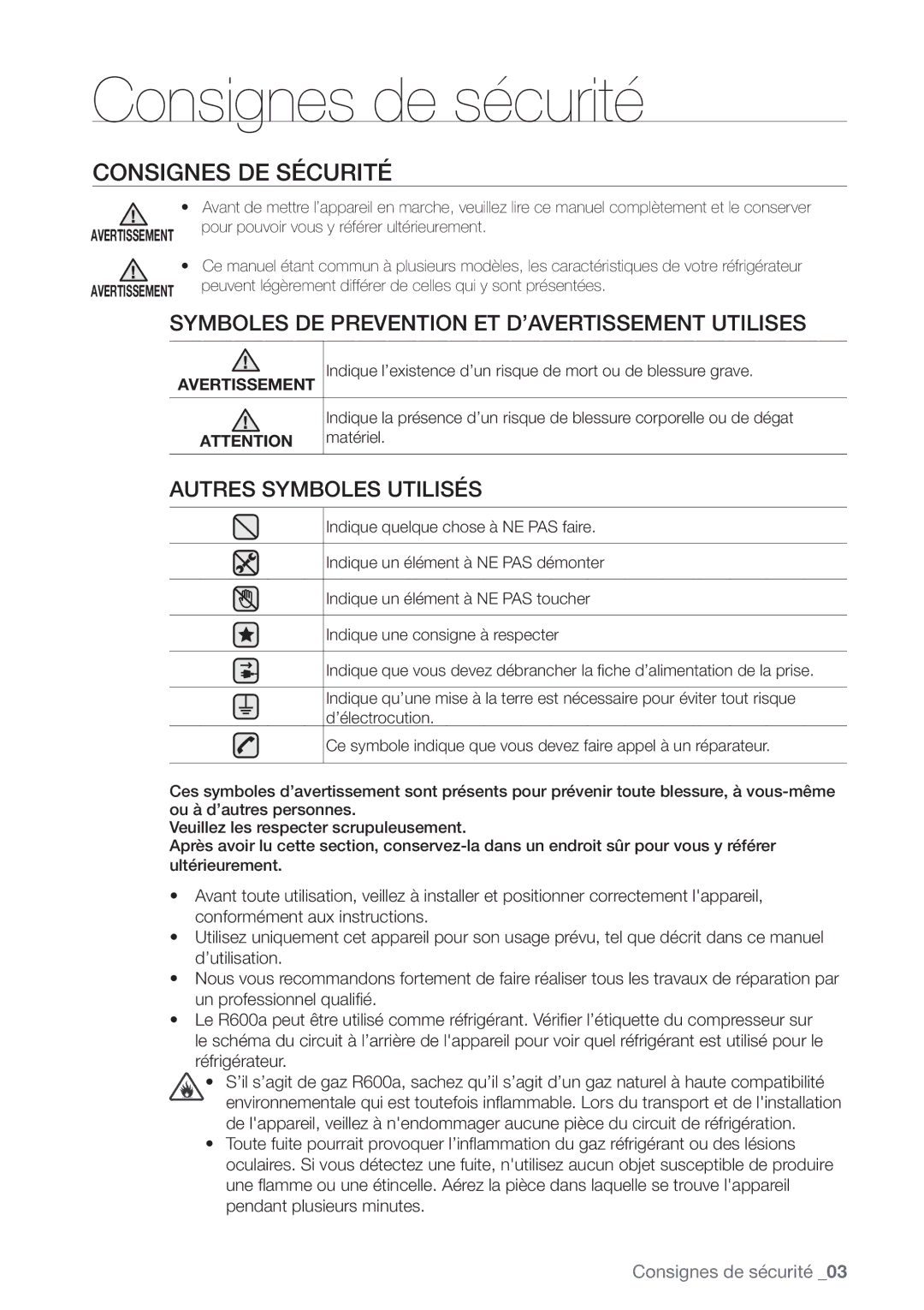 Samsung RN415BRKASL/EF manual Consignes de sécurité, Consignes DE Sécurité, Réfrigérateur, Matériel 