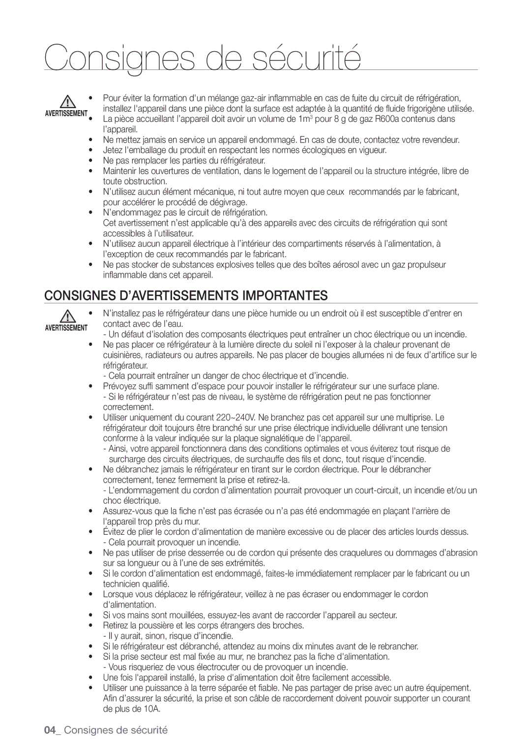 Samsung RN415BRKASL/EF manual Consignes D’AVERTISSEMENTS Importantes 