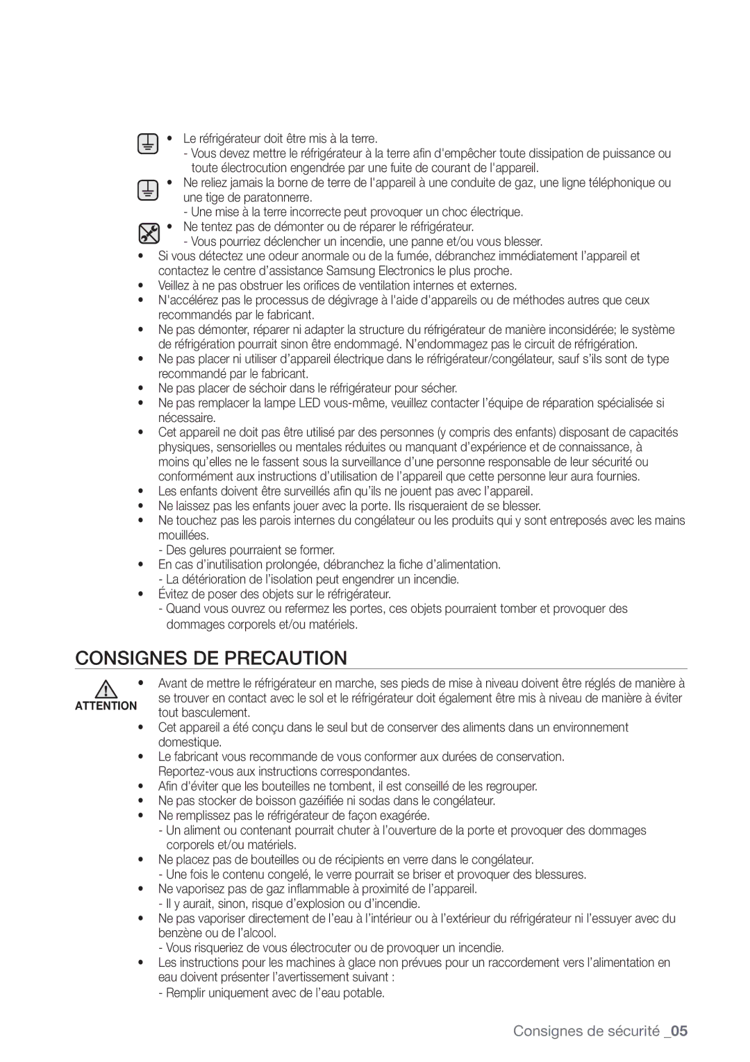 Samsung RN415BRKASL/EF manual Consignes DE Precaution, Le réfrigérateur doit être mis à la terre, Tout basculement 