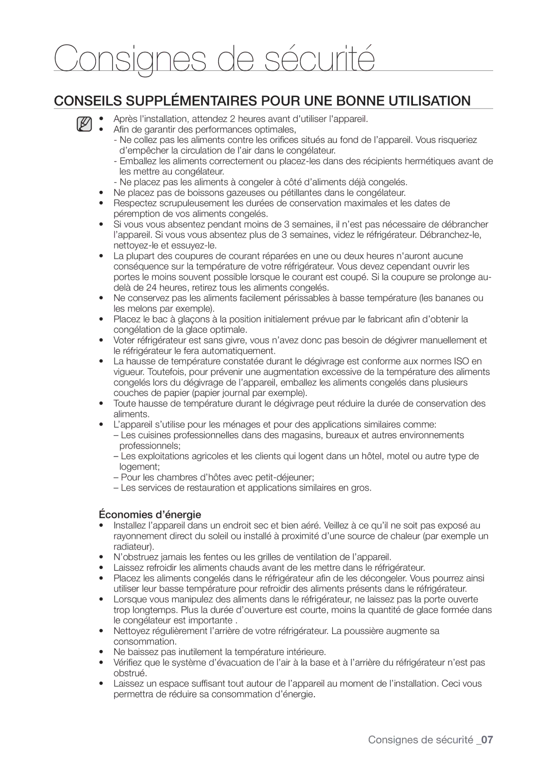 Samsung RN415BRKASL/EF manual Conseils Supplémentaires Pour UNE Bonne Utilisation, Économies d’énergie 