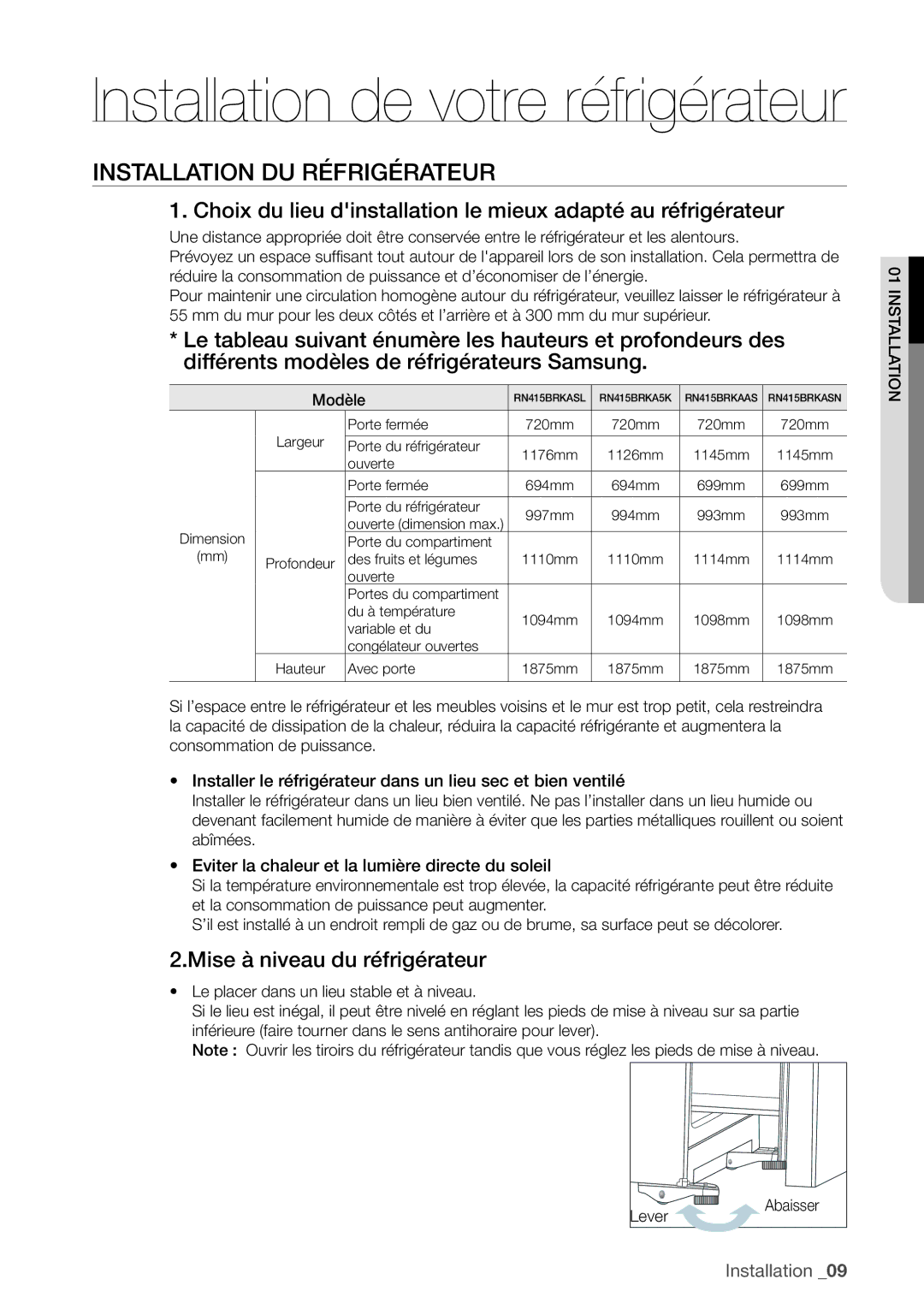 Samsung RN415BRKASL/EF Installation DU Réfrigérateur, Installer le réfrigérateur dans un lieu sec et bien ventilé, Modèle 