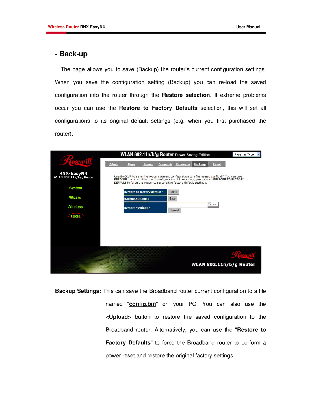 Samsung RNX-EASYN4 user manual Back-up 