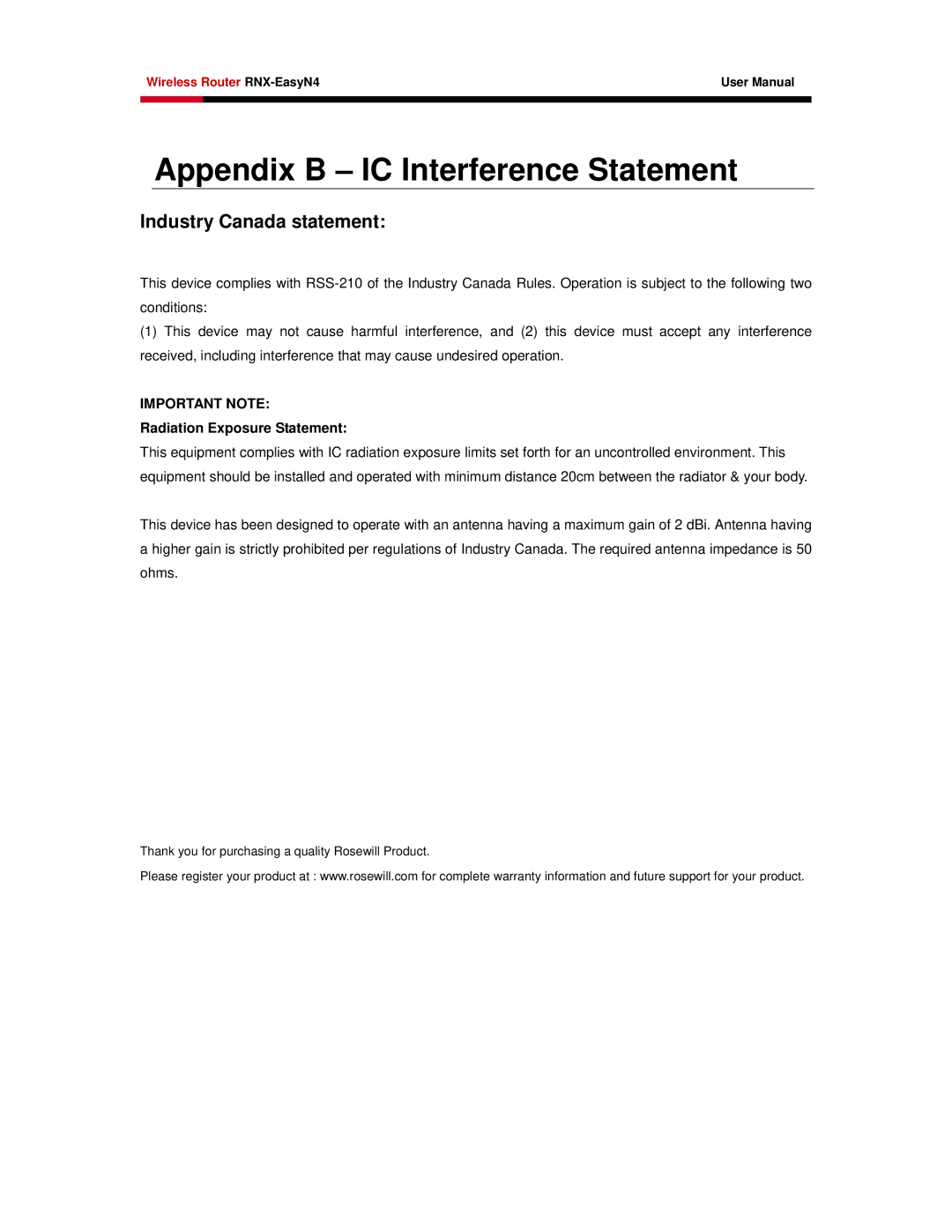 Samsung RNX-EASYN4 user manual Appendix B IC Interference Statement, Industry Canada statement 