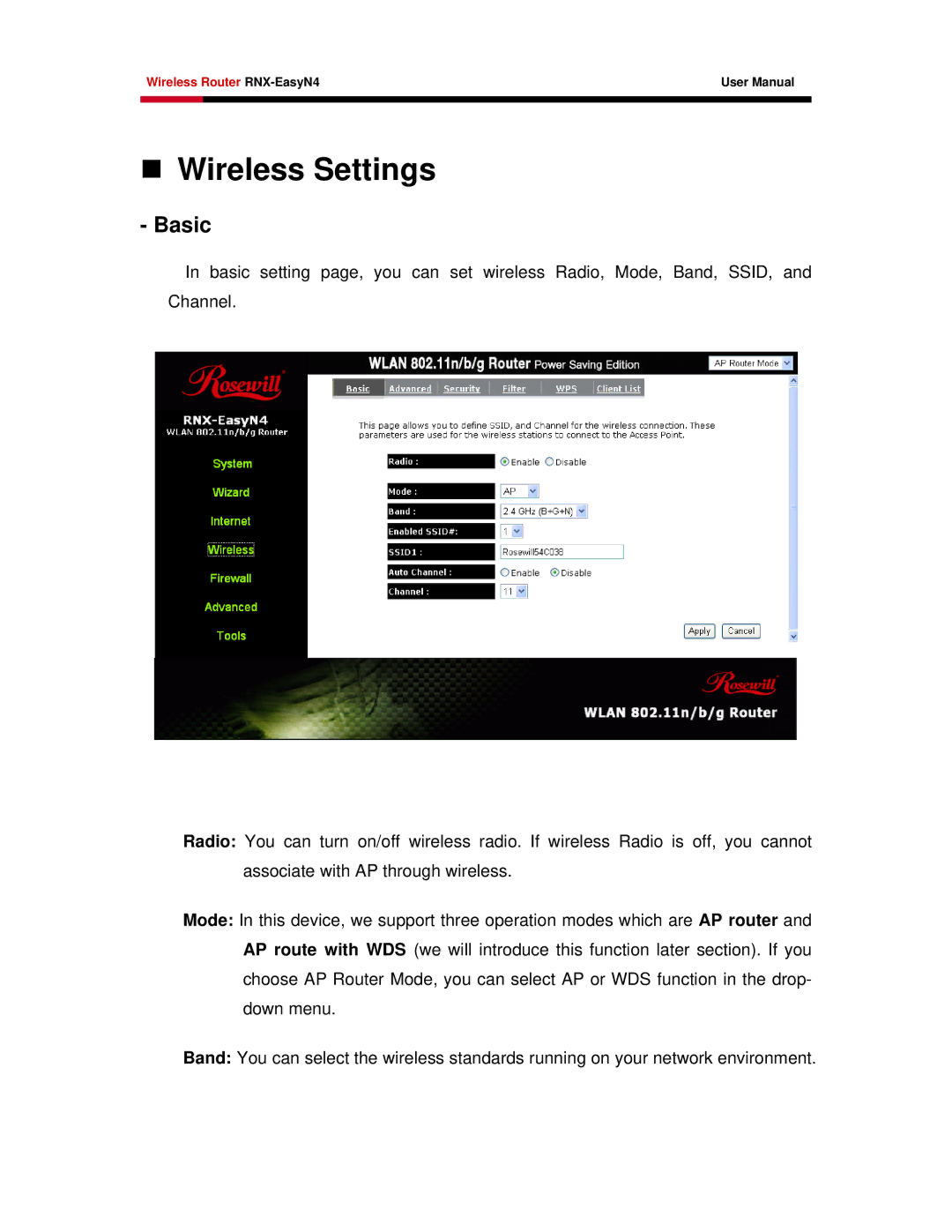 Samsung RNX-EASYN4 user manual „ Wireless Settings, Basic 