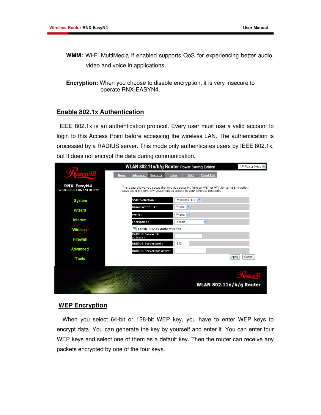 Samsung RNX-EASYN4 user manual Enable 802.1x Authentication, WEP Encryption 