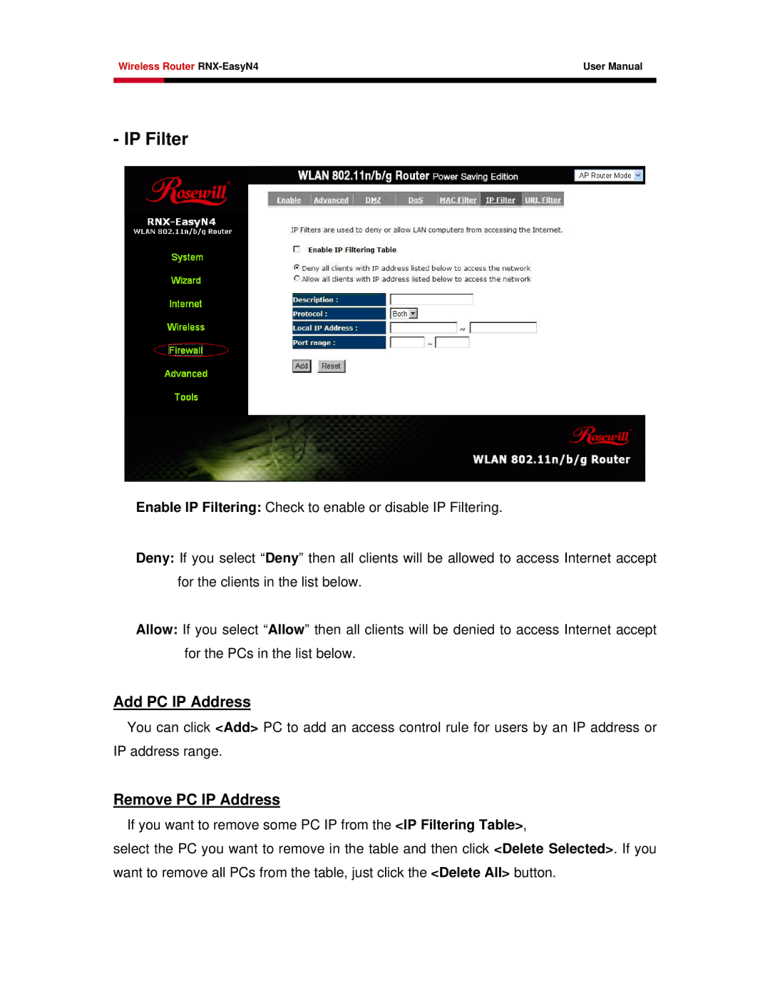 Samsung RNX-EASYN4 user manual IP Filter, Add PC IP Address, Remove PC IP Address 