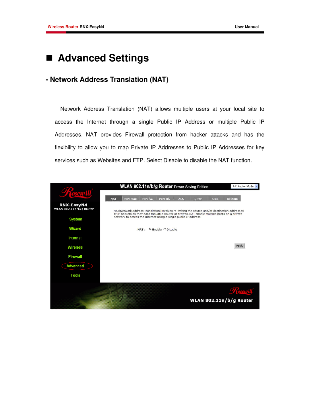 Samsung RNX-EASYN4 user manual „ Advanced Settings, Network Address Translation NAT 