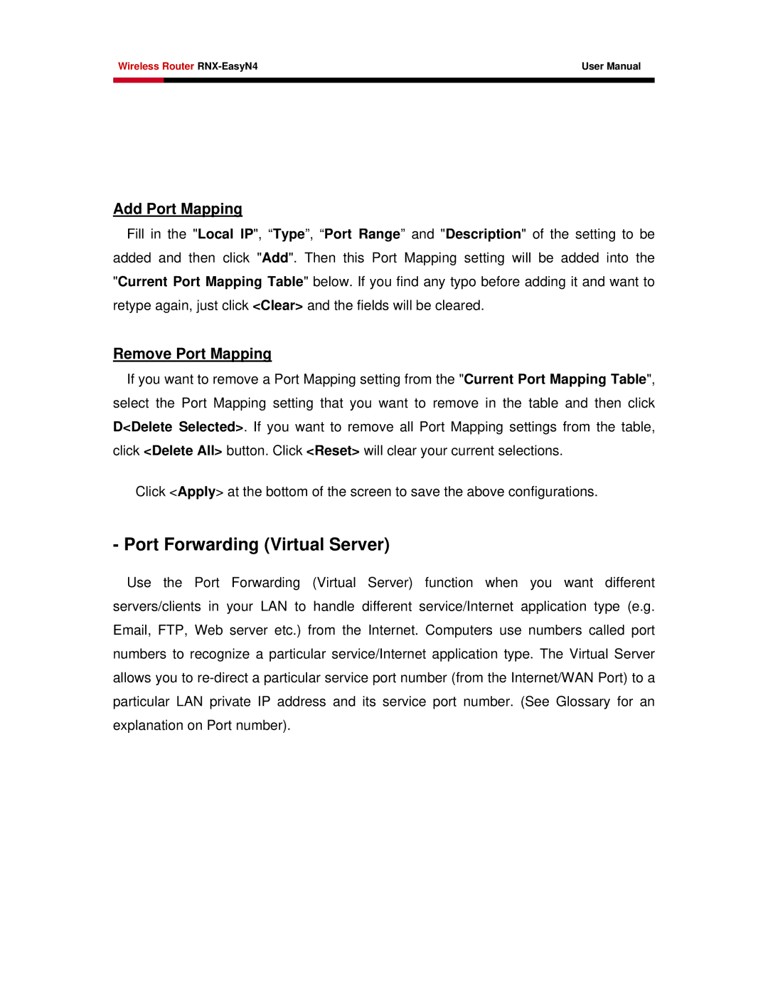Samsung RNX-EASYN4 user manual Port Forwarding Virtual Server, Add Port Mapping, Remove Port Mapping 