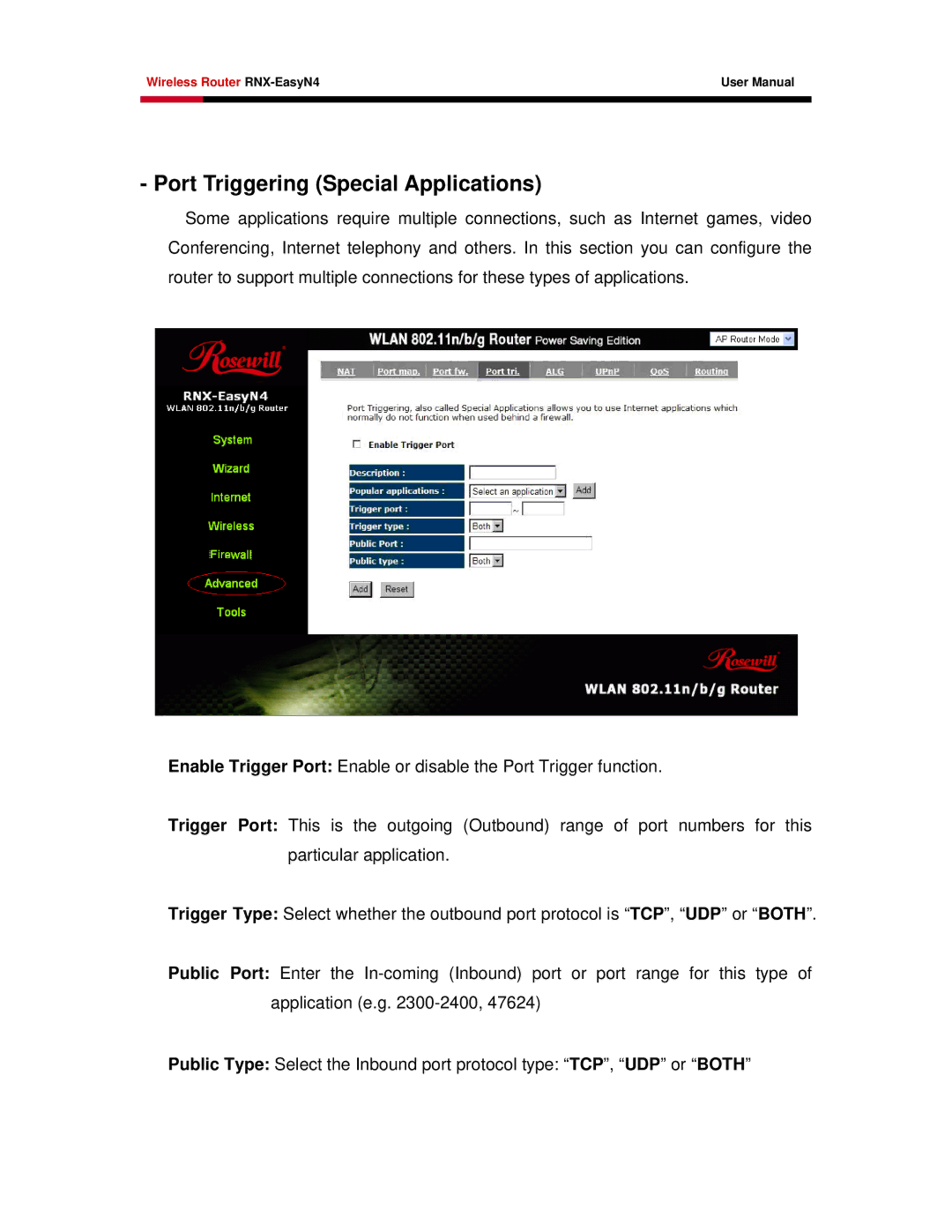 Samsung RNX-EASYN4 user manual Port Triggering Special Applications 