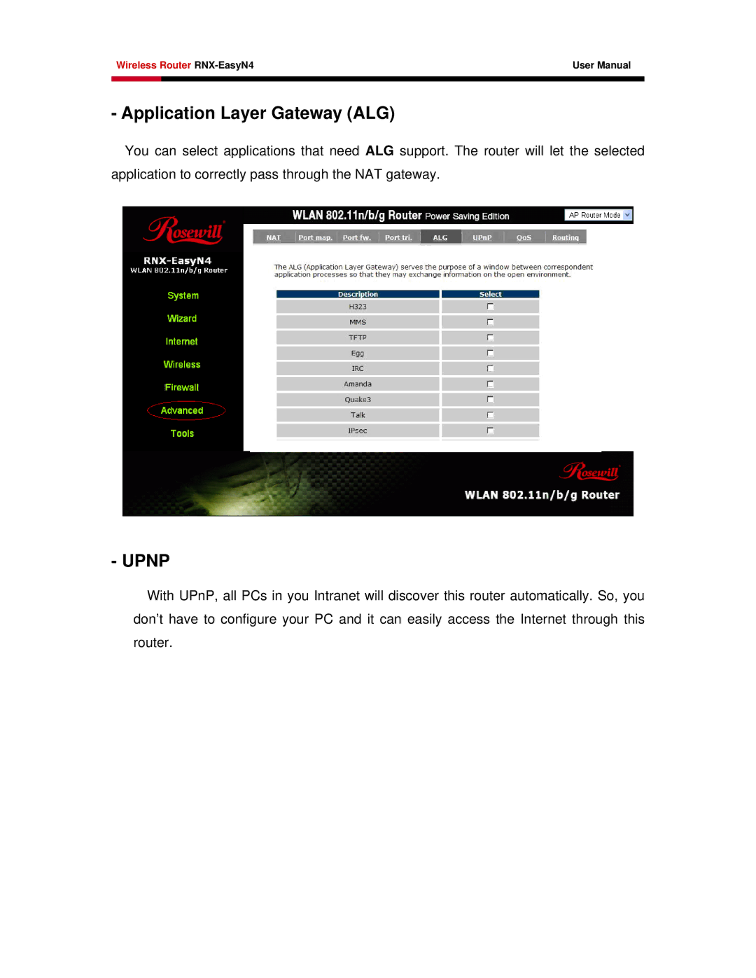 Samsung RNX-EASYN4 user manual Application Layer Gateway ALG, Upnp 