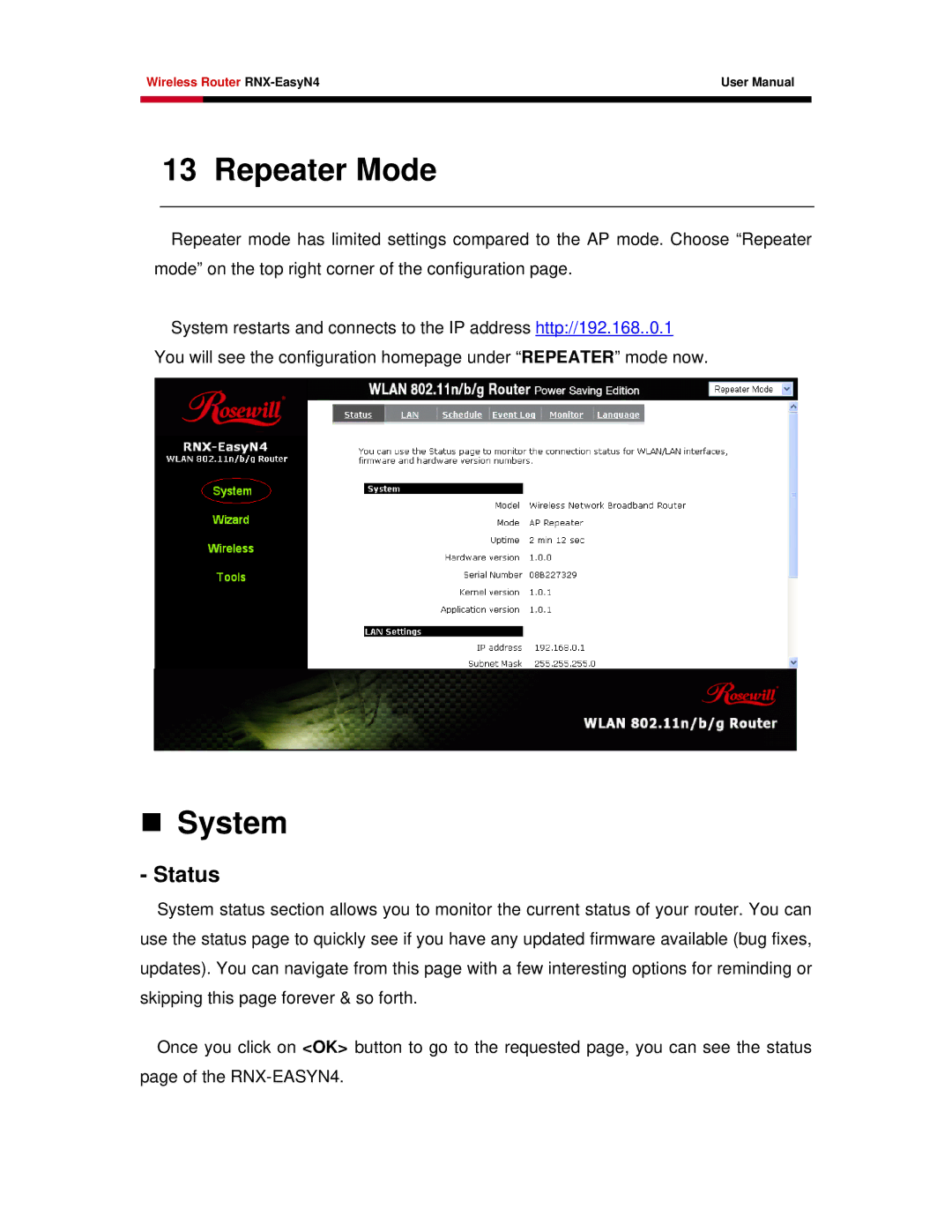 Samsung RNX-EASYN4 user manual Repeater Mode, „ System 