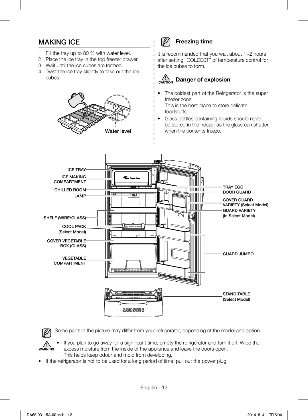 Samsung RR19H1348WW/ZA manual Making ICE, Freezing time 