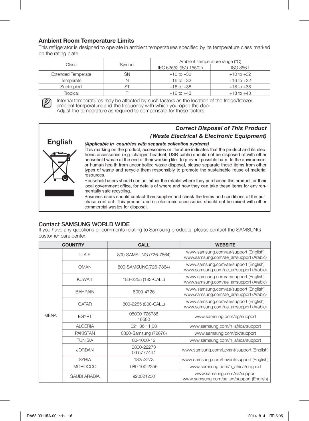 Samsung RR19H1348WW/ZA manual English, Ambient Room Temperature Limits, Contact Samsung World Wide 