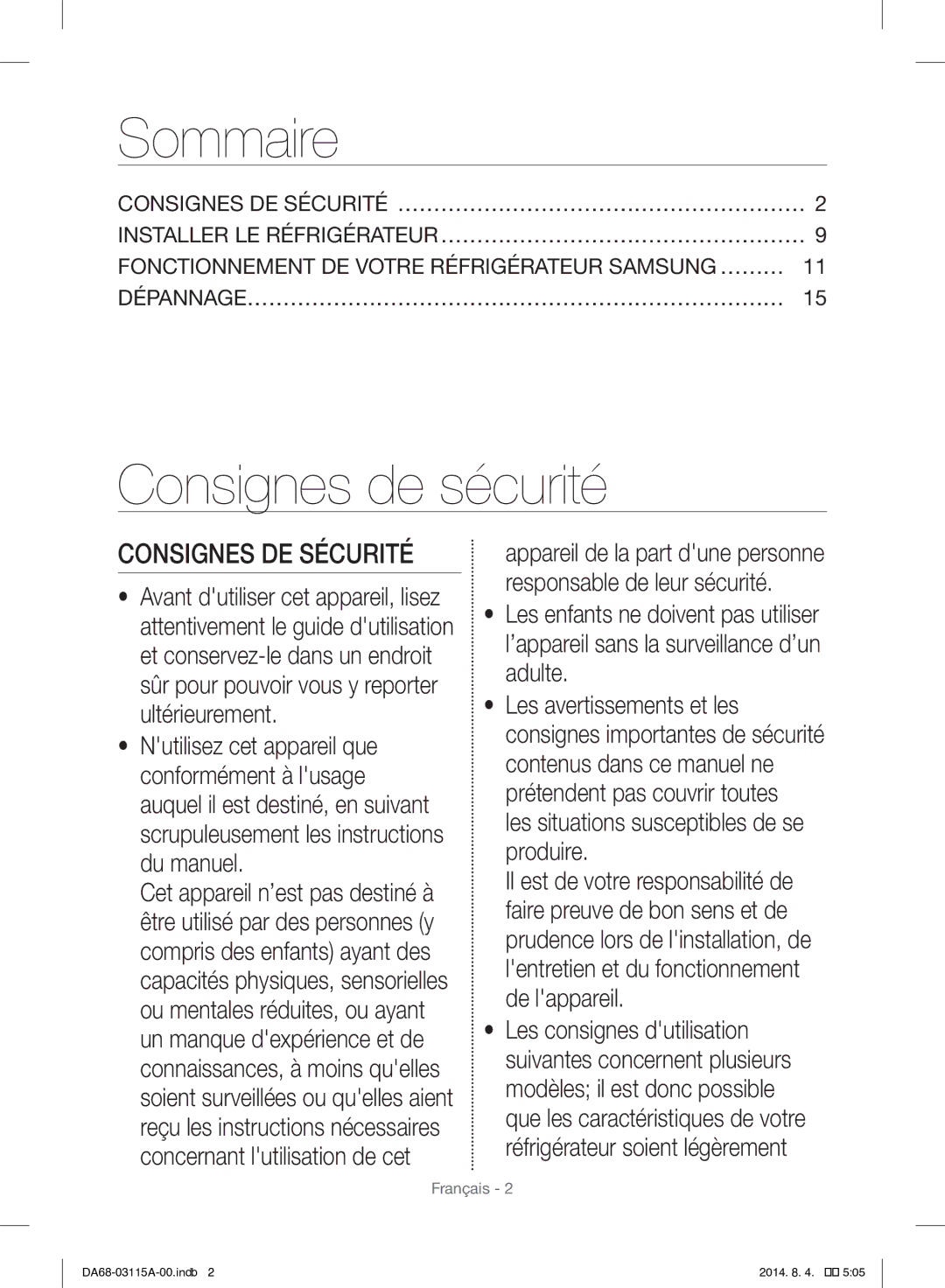 Samsung RR19H1348WW/ZA manual Sommaire, Consignes de sécurité, Consignes DE Sécurité 