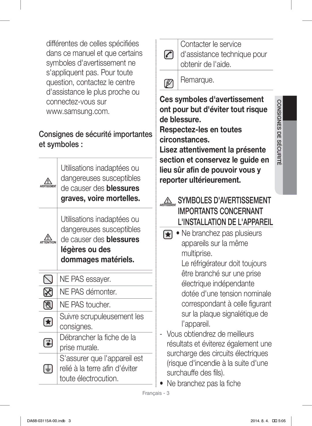 Samsung RR19H1348WW/ZA De causer des blessures, NE PAS essayer, NE PAS démonter, NE PAS toucher, Consignes, Prise murale 