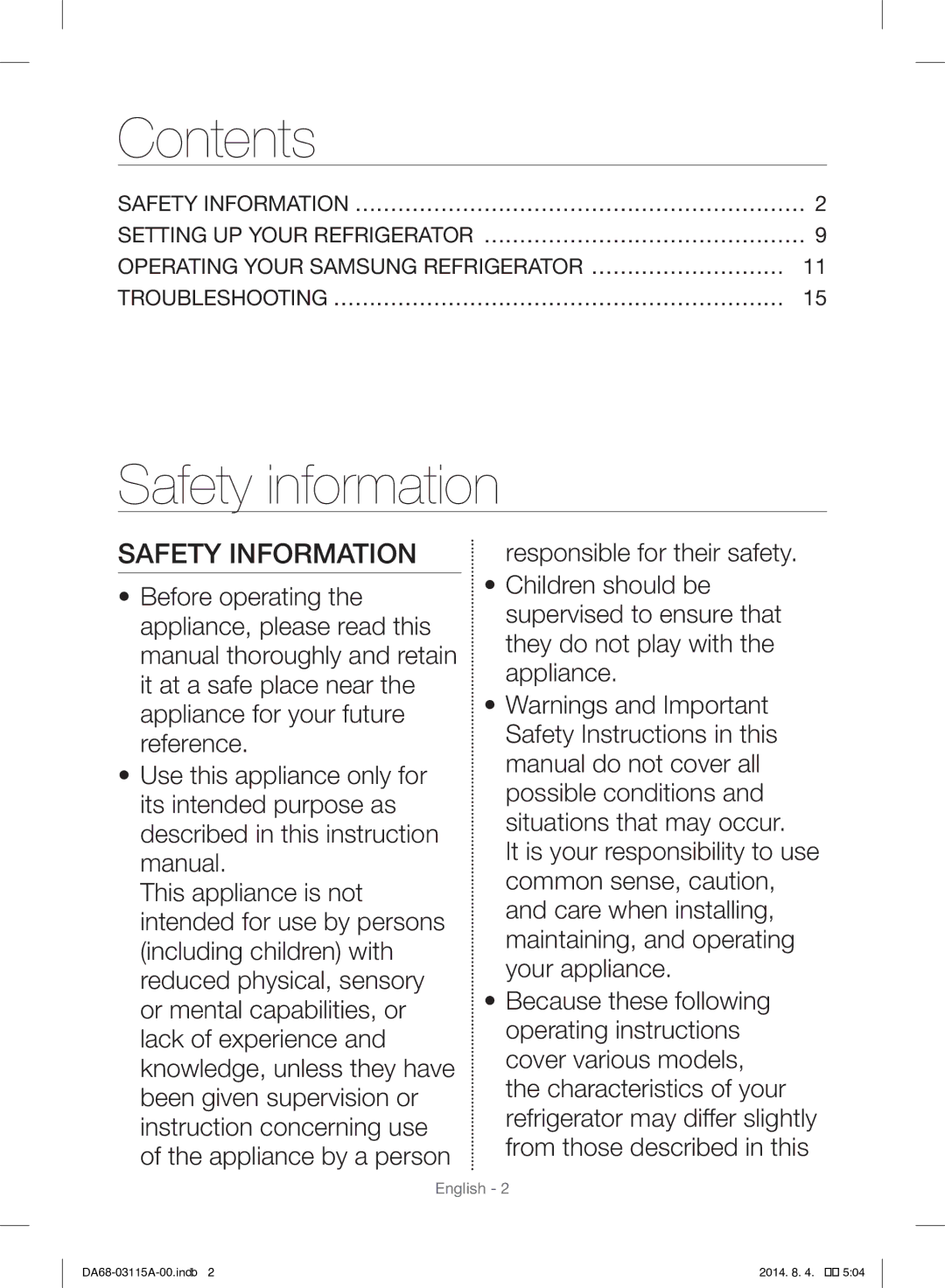 Samsung RR19H1348WW/ZA manual Contents, Safety information 