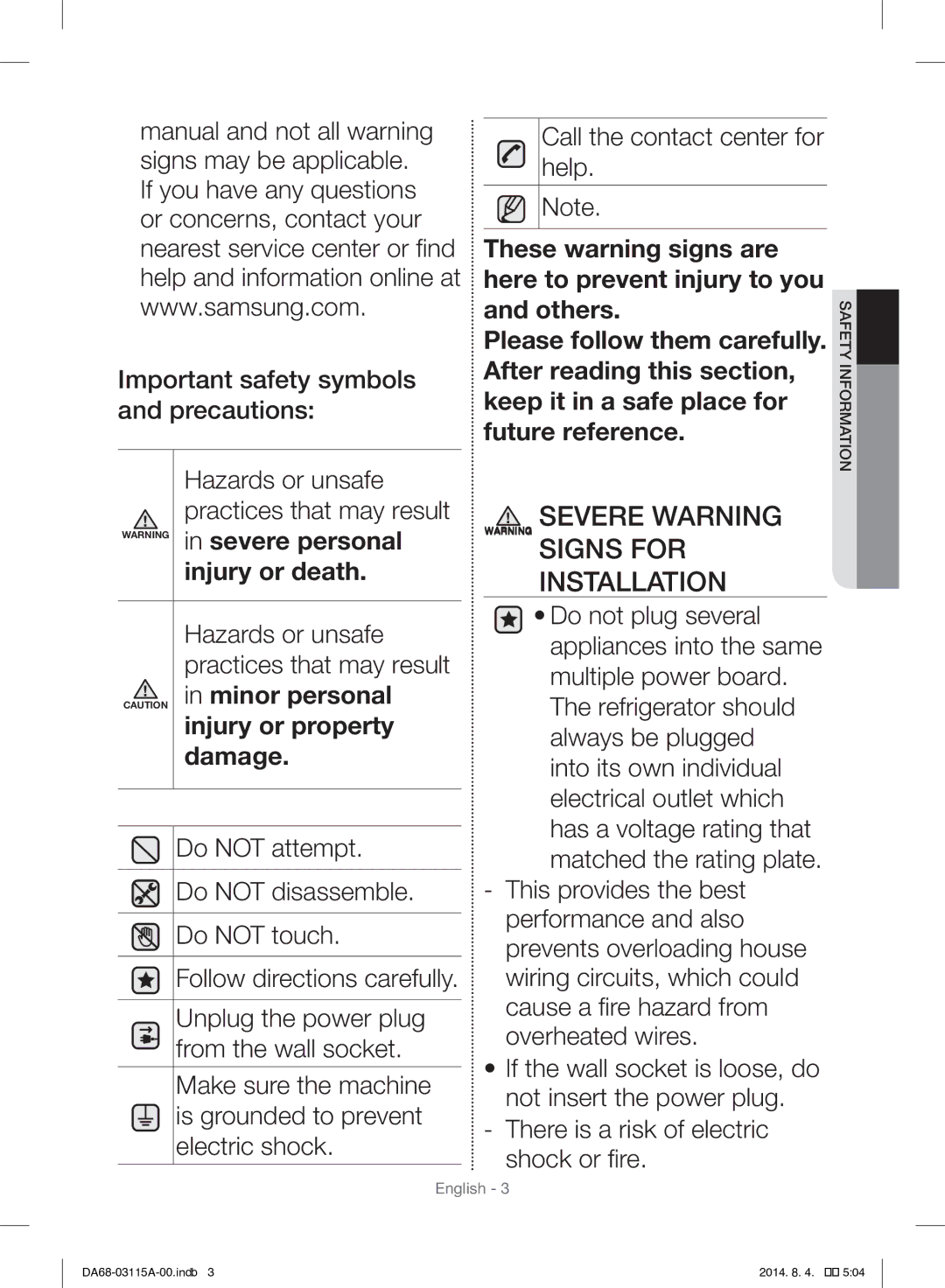 Samsung RR19H1348WW/ZA manual Installation, Informationsafety 