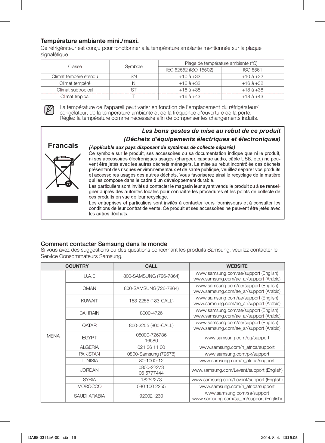 Samsung RR19H1348WW/ZA manual Francais, Température ambiante mini./maxi, Comment contacter Samsung dans le monde 