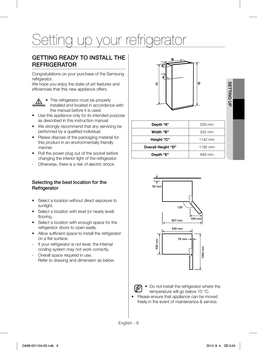 Samsung RR19H1348WW/ZA manual Setting up your refrigerator, Getting Ready to Install the Refrigerator 