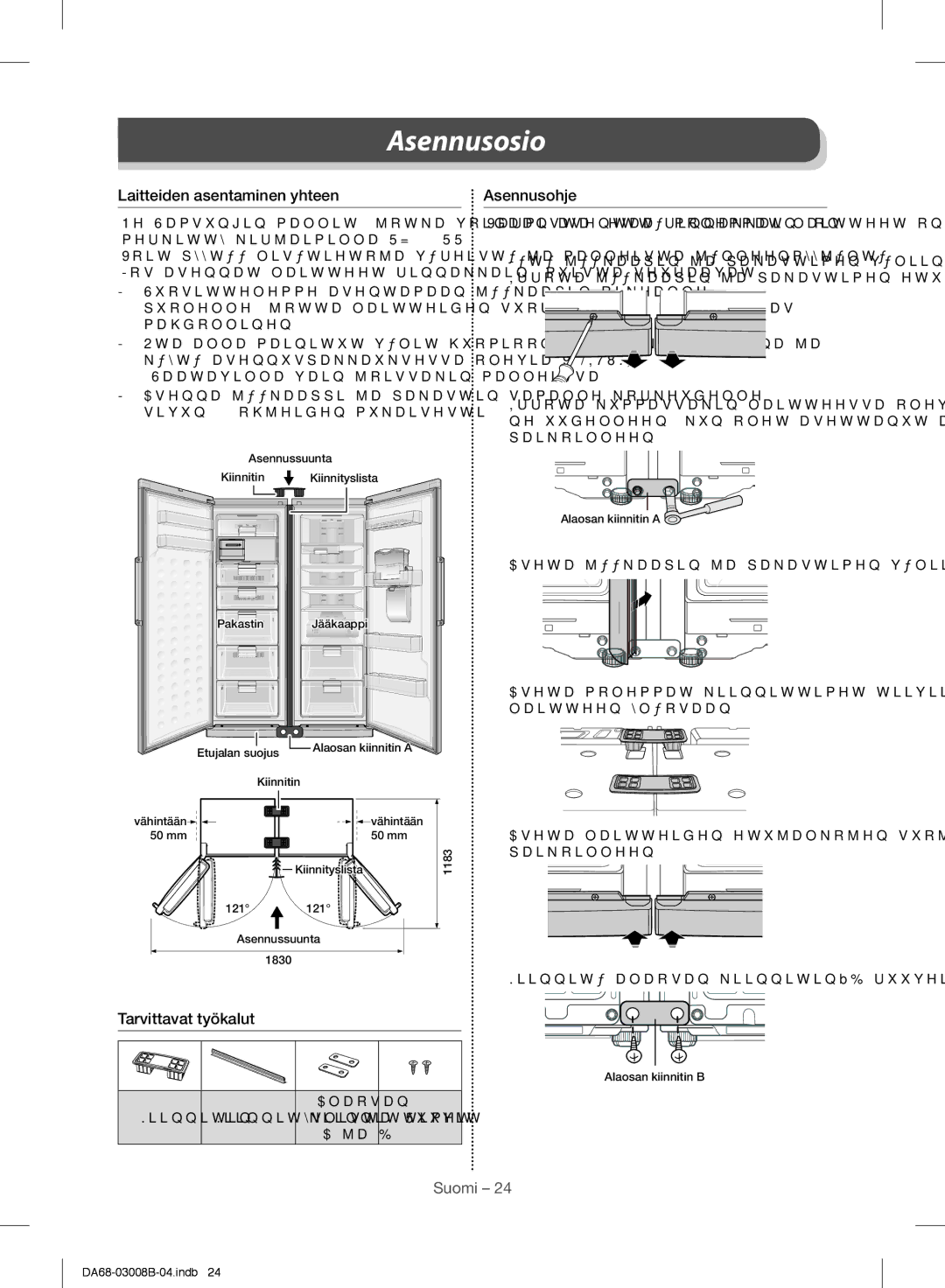 Samsung RR34H6200SA/EE, RR34H63207F/EE, RR34H6345WW/EE manual Laitteiden asentaminen yhteen, Tarvittavat työkalut Asennusohje 