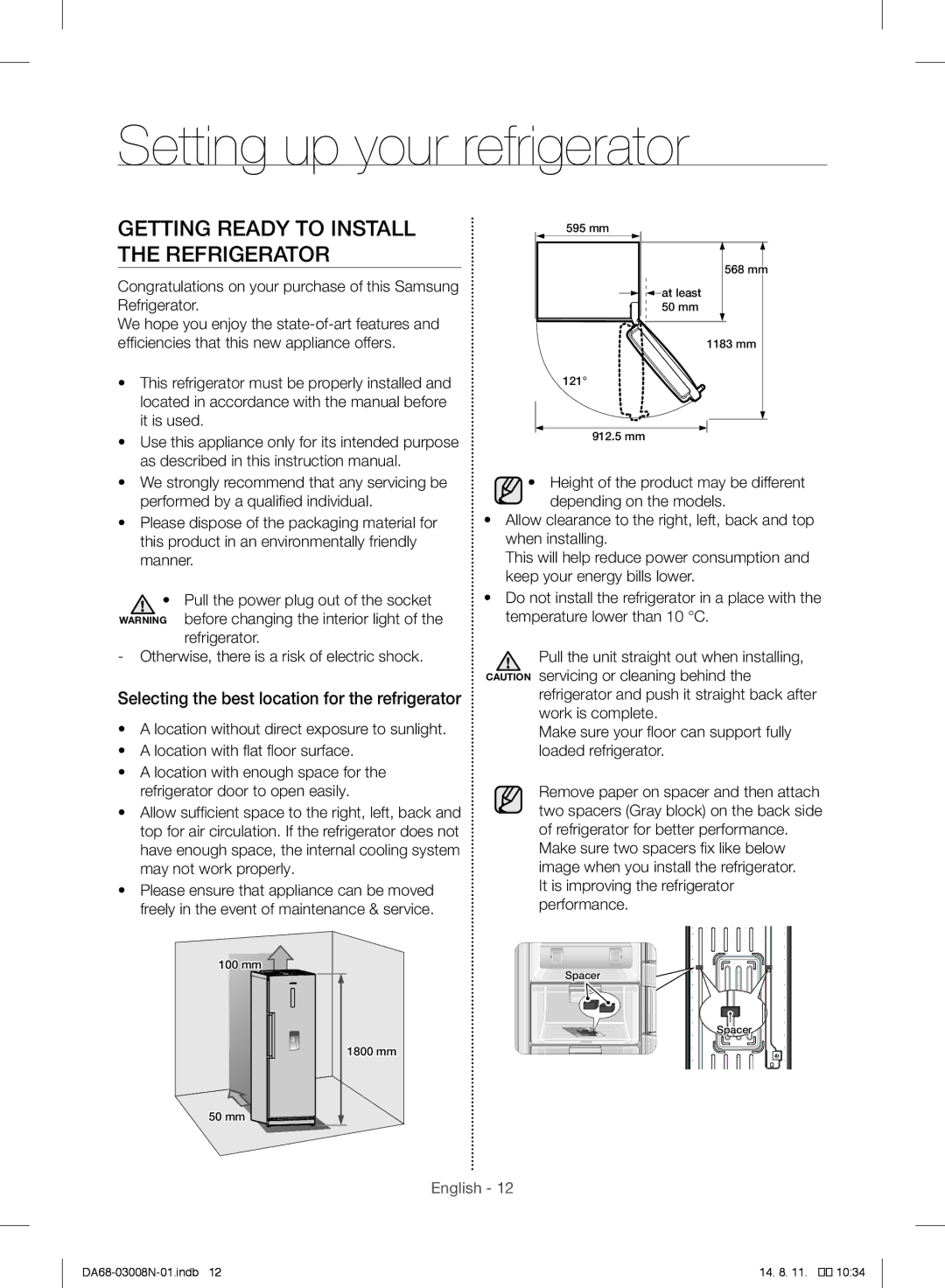 Samsung RR35H6110SP/ML manual Setting up your refrigerator, Getting Ready to Install the Refrigerator 