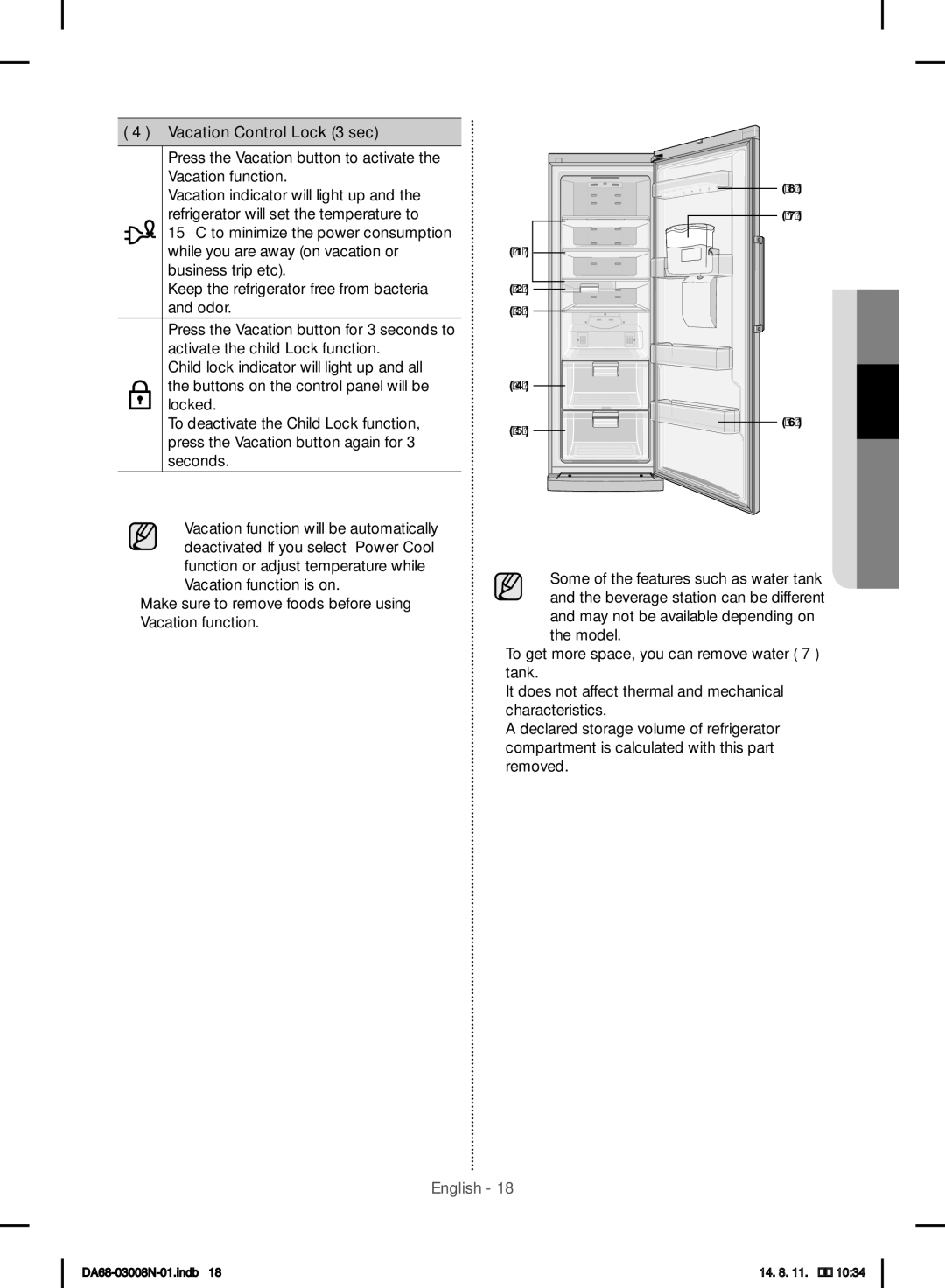 Samsung RR35H6110SP/ML manual Vacation Control Lock 3 sec, Press the Vacation button to activate the Vacation function 