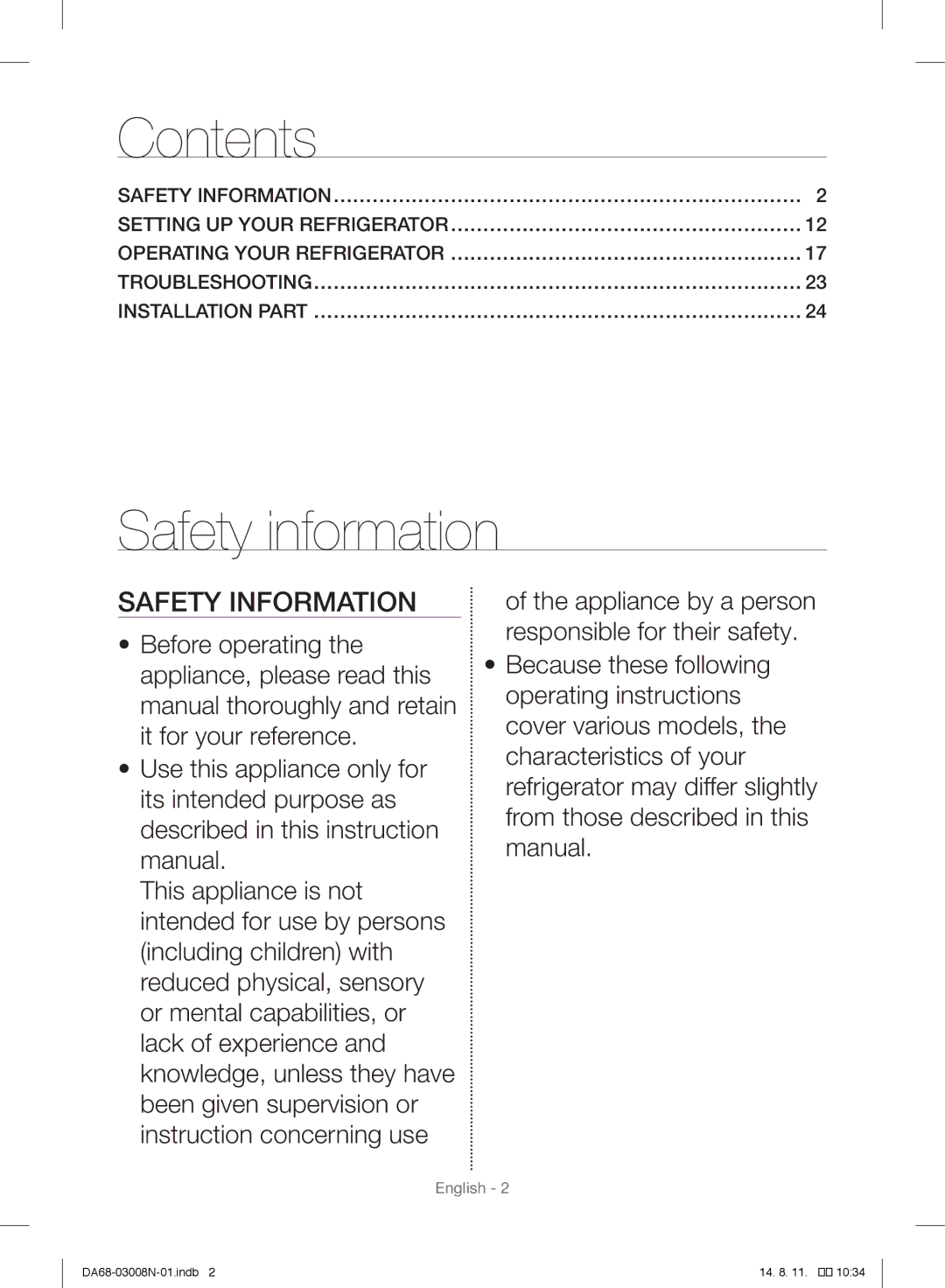 Samsung RR35H6110SP/ML manual Contents, Safety information 