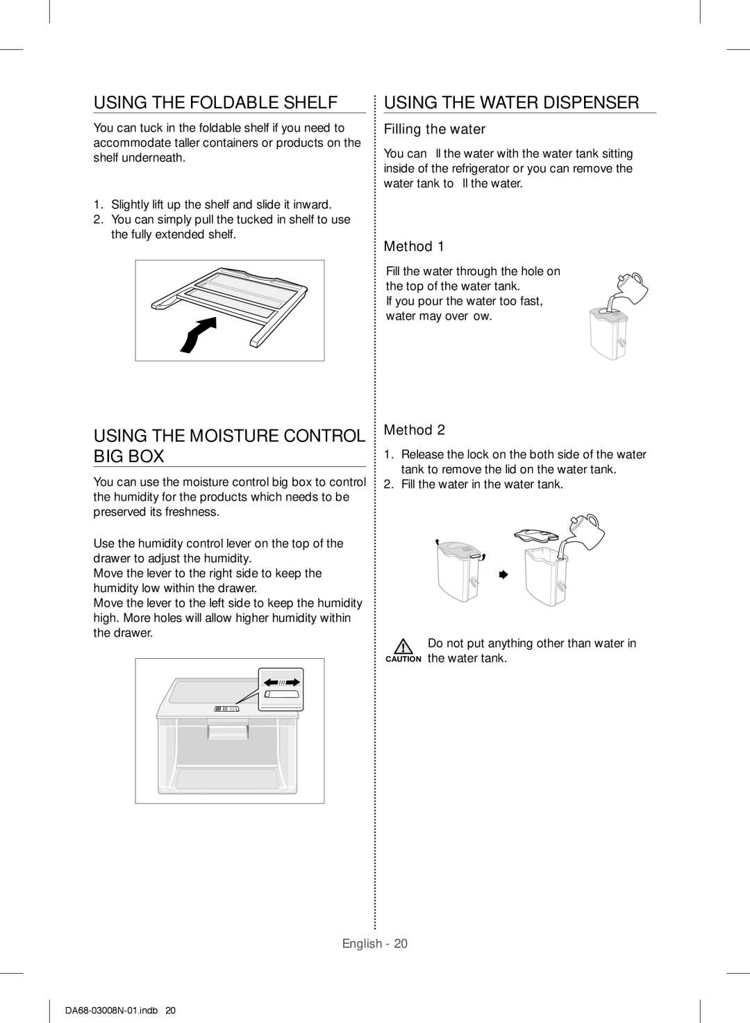 Samsung RR35H6110SP/ML Using the Foldable Shelf, Using the Moisture Control BIG BOX, Using the Water Dispenser, Method 