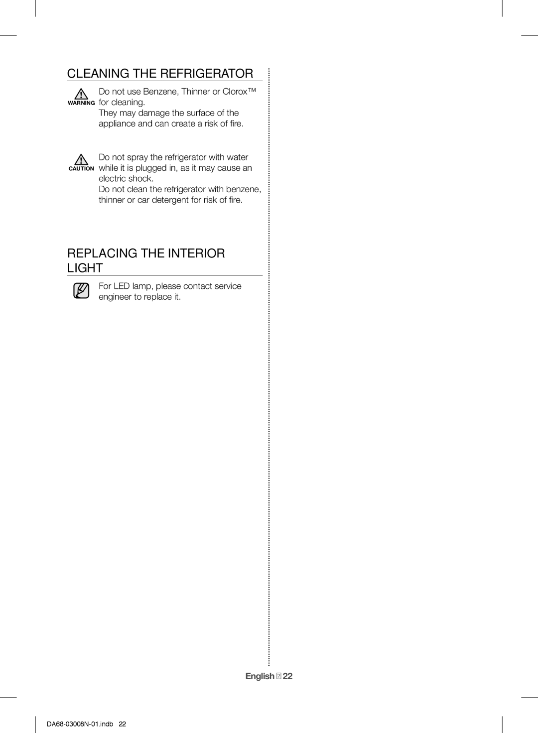 Samsung RR35H6110SP/ML manual Cleaning the Refrigerator, Replacing the Interior Light 