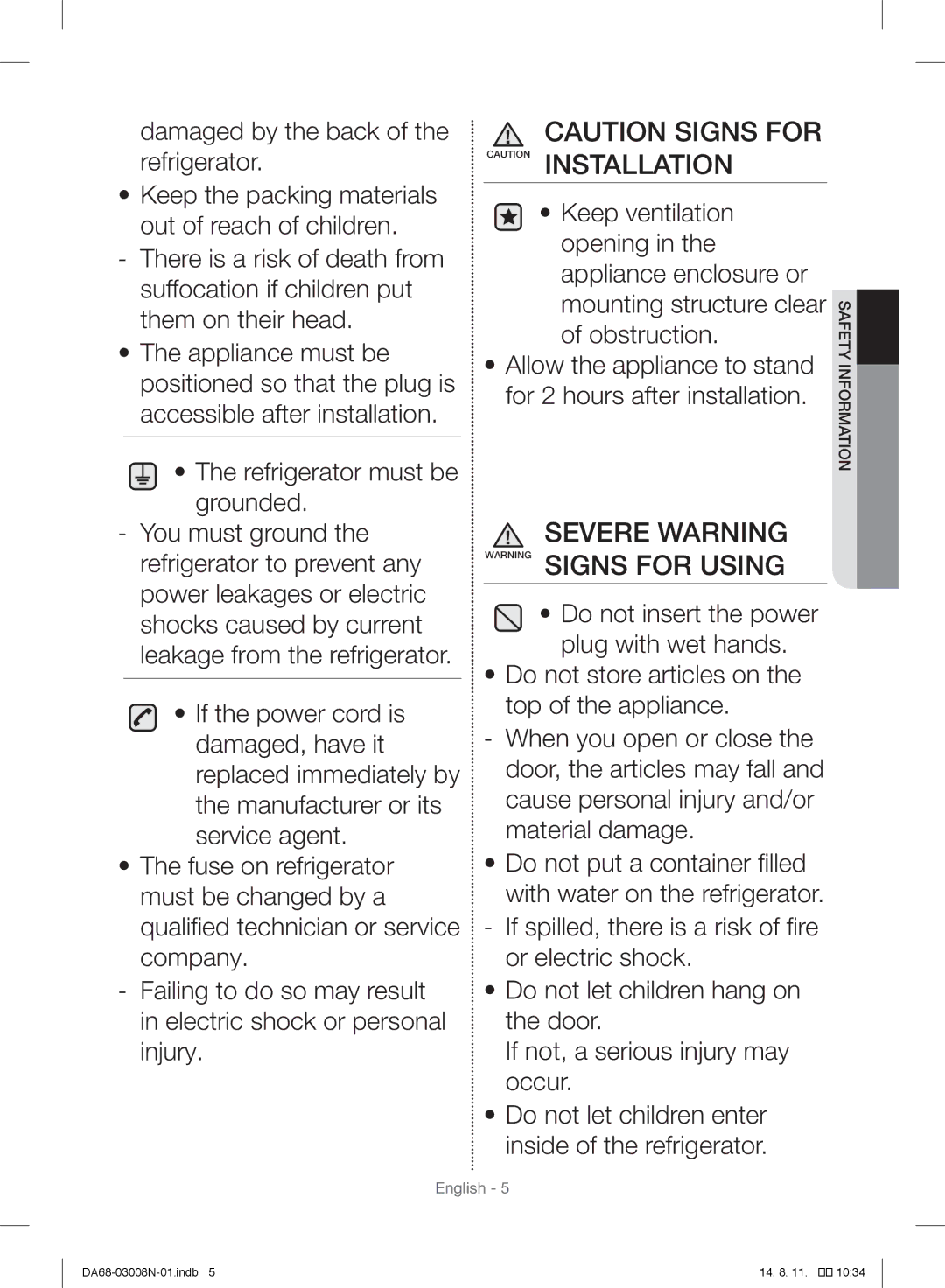 Samsung RR35H6110SP/ML manual Severe Warning Warning Signs for Using 