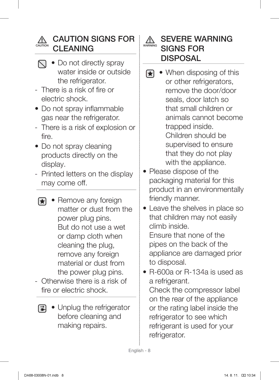 Samsung RR35H6110SP/ML manual Severe Warning Warning Signs for Disposal 