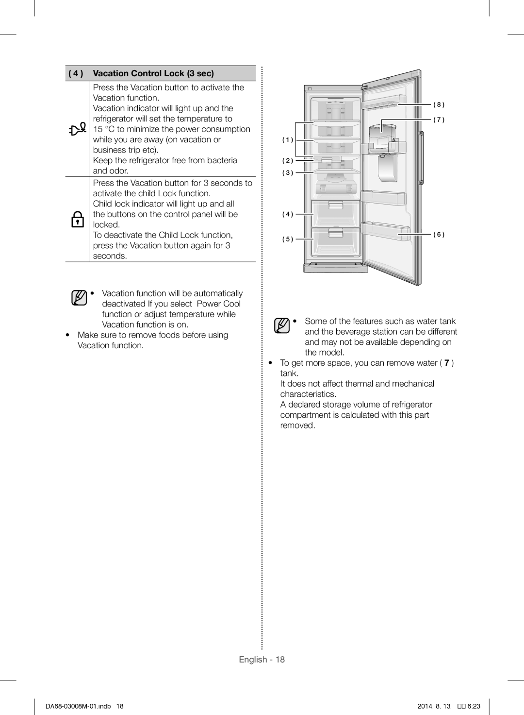 Samsung RR35H66107F/AE manual Vacation Control Lock 3 sec, Press the Vacation button to activate the Vacation function 