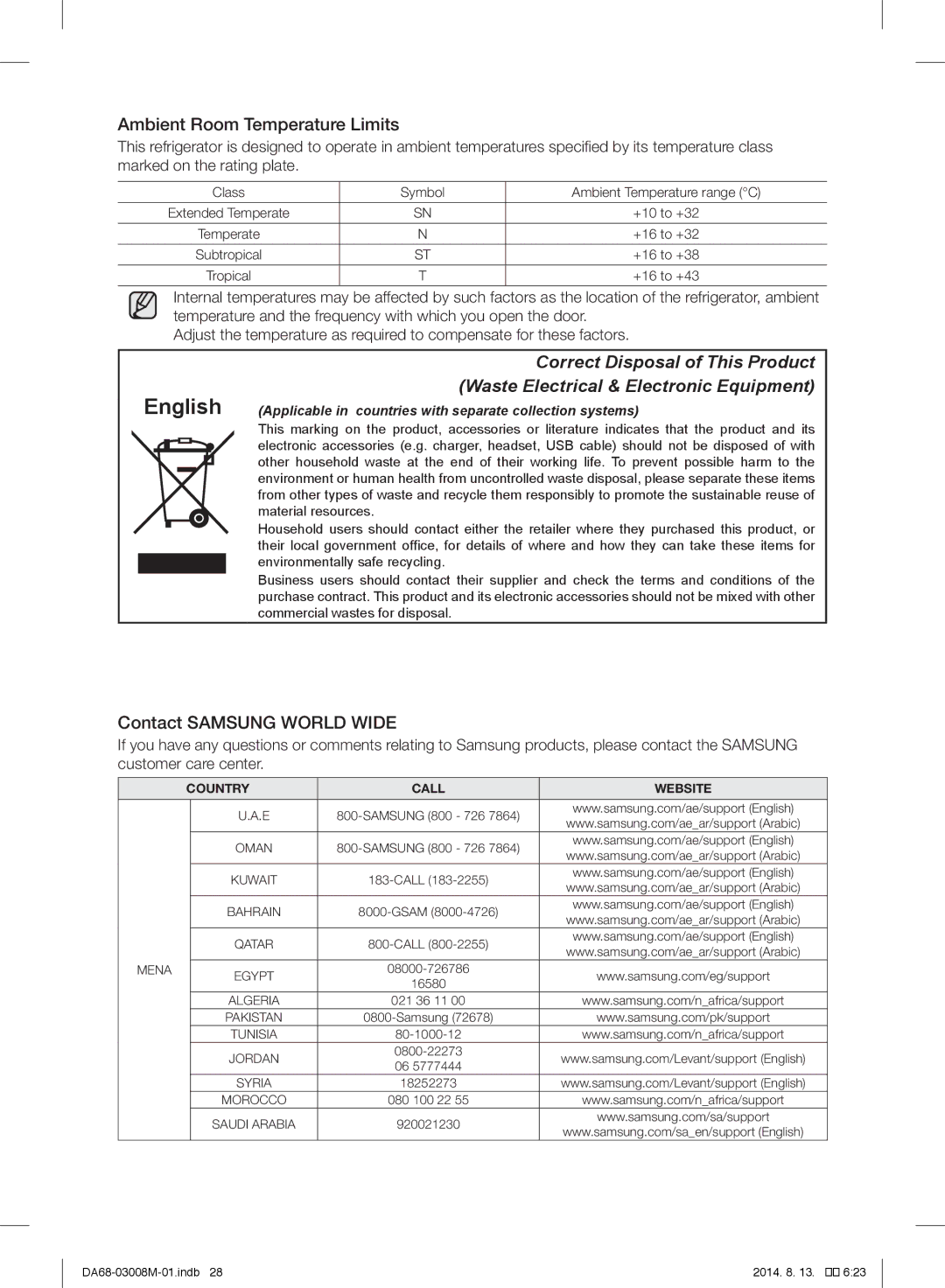 Samsung RR35H66107F/SG, RR35H6110SS/EF, RR35H61107F/SG manual Ambient Room Temperature Limits, Contact Samsung World Wide 