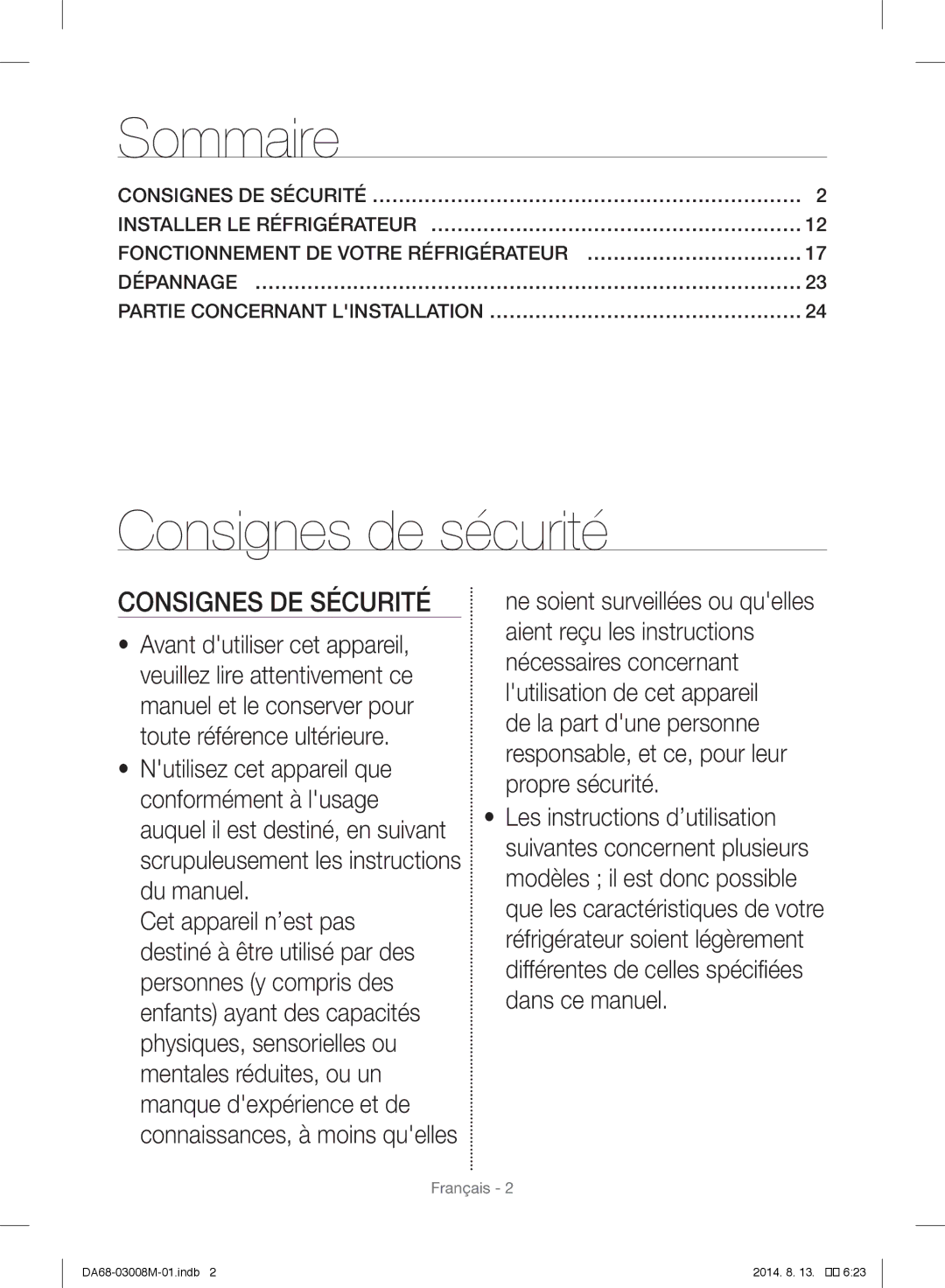 Samsung RR35H61107F/AE, RR35H6110SS/EF, RR35H61107F/SG, RR35H61107F/ZA, RR35H6110WW/ZA manual Sommaire, Consignes de sécurité 