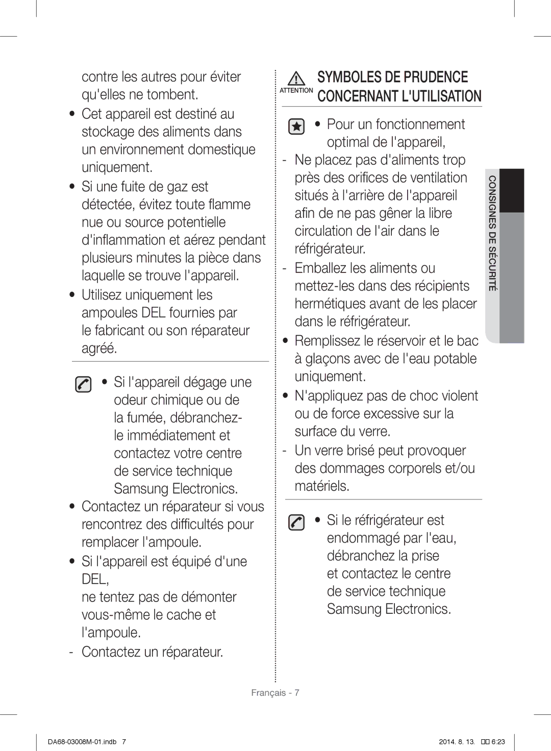 Samsung RR35H61107F/ZA, RR35H6110SS/EF, RR35H61107F/SG manual Symboles DE Prudence Attention Concernant Lutilisation 