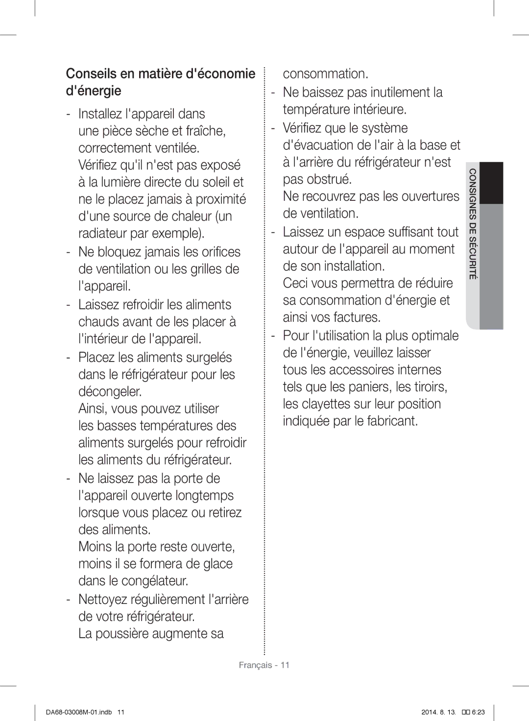 Samsung RR35H66107F/SG, RR35H6110SS/EF, RR35H61107F/SG, RR35H61107F/ZA, RR35H6110WW/ZA Conseils en matière déconomie dénergie 