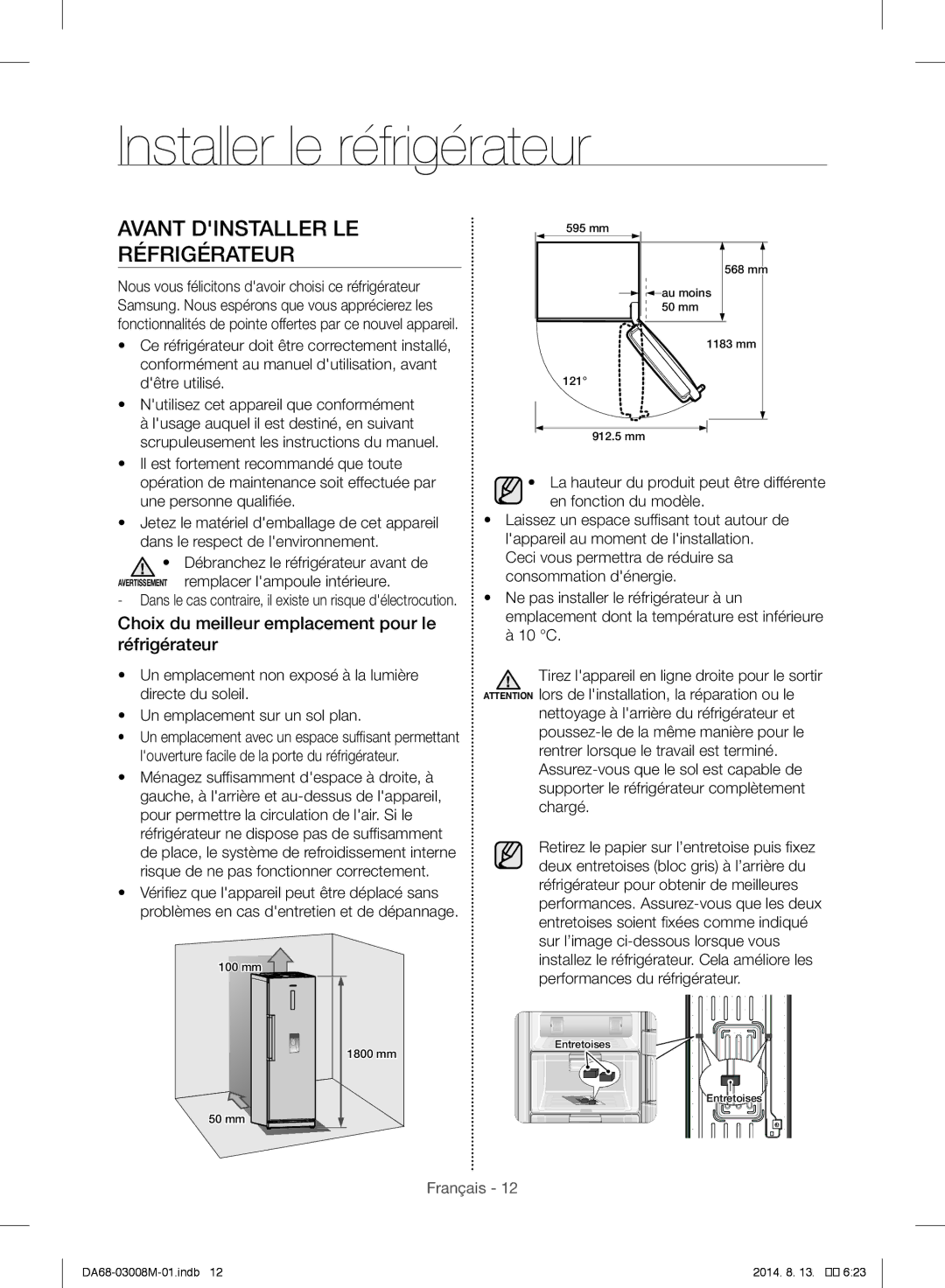 Samsung RR35H66107F/AE, RR35H6110SS/EF, RR35H61107F/SG Installer le réfrigérateur, Avant Dinstaller LE Réfrigérateur, 10 C 