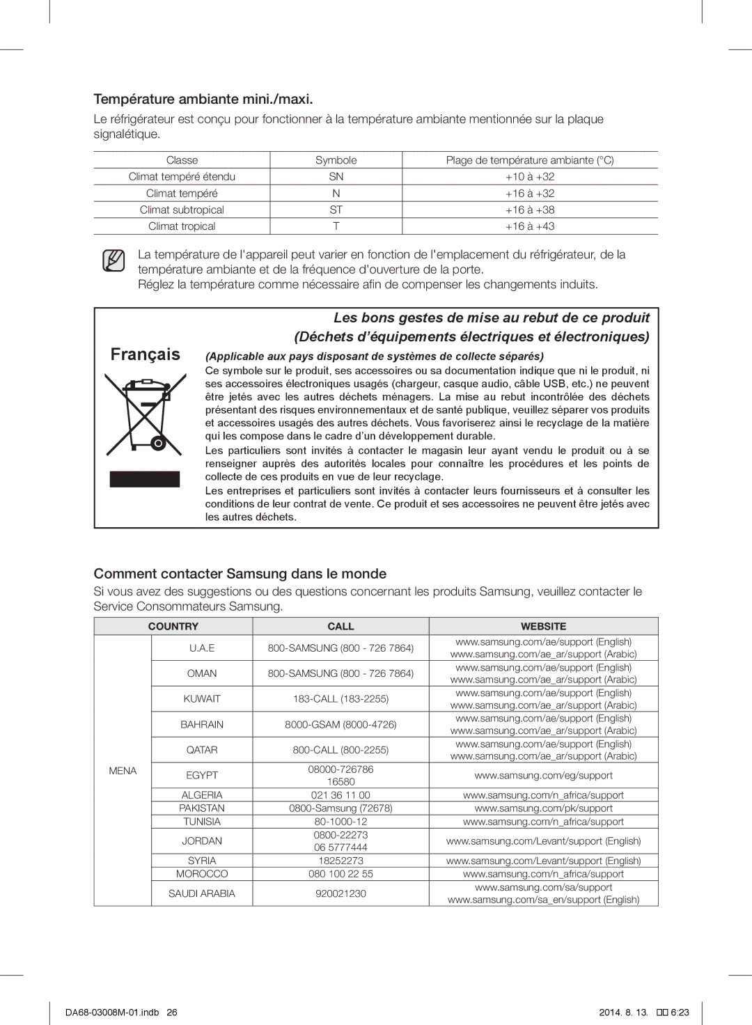 Samsung RR35H66107F/GH, RR35H6110SS/EF manual Température ambiante mini./maxi, Comment contacter Samsung dans le monde 