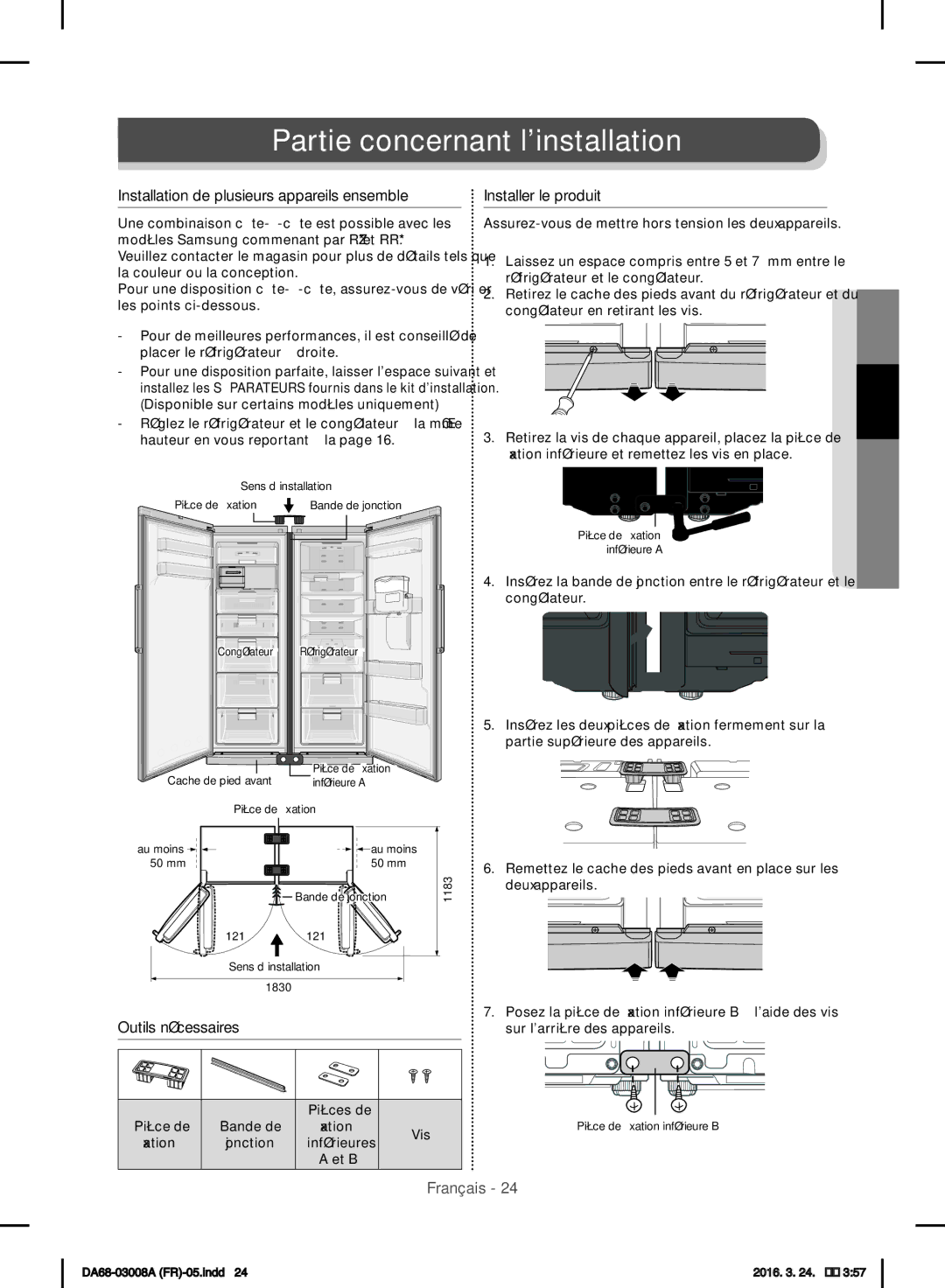 Samsung RR35H6110SS/EF, RR35H6610SS/EF, RR35H6100WW/EF, RR35H6500WW/EF, RR35H6500SA/EF manual Partie concernant linstallation 