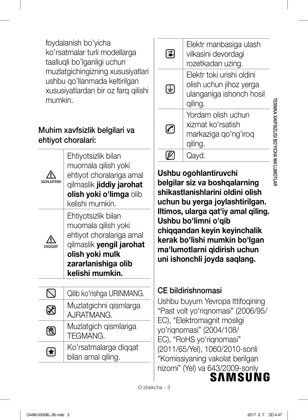 Samsung RR35H6150SS/WT, RR35H61507F/WT Kelishi mumkin, Muzlatgichni qismlarga, Muzlatgich qismlariga, Korsatmalarga diqqat 