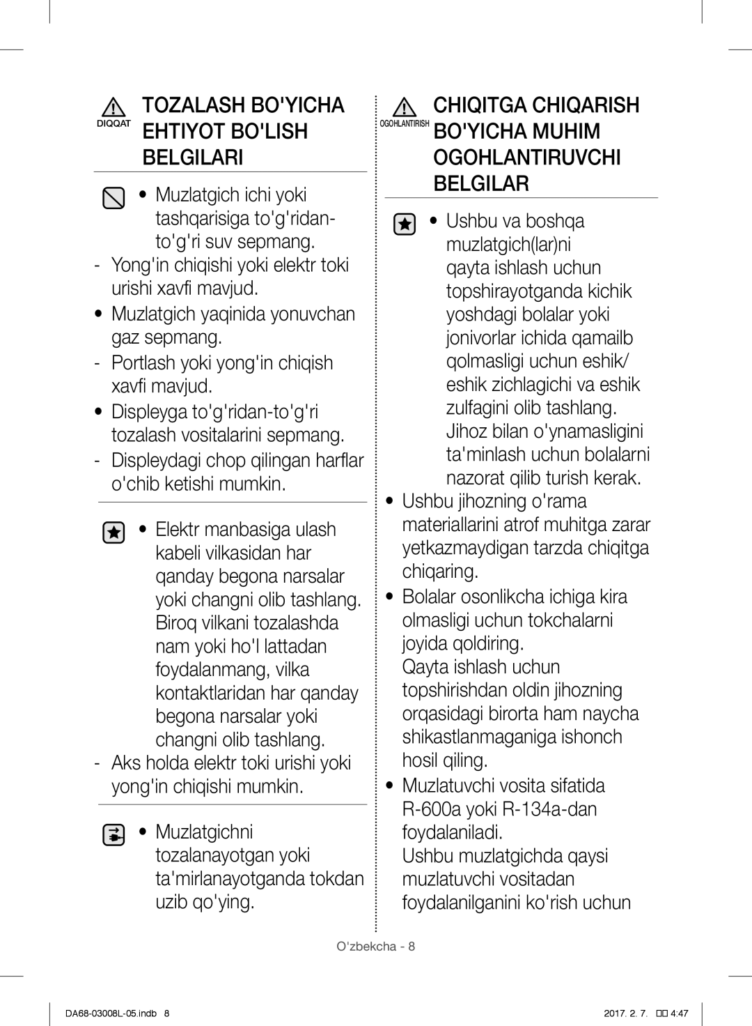 Samsung RR35H61507F/WT manual Belgilari, Chiqitga Chiqarish, Displeydagi chop qilingan harflar ochib ketishi mumkin 